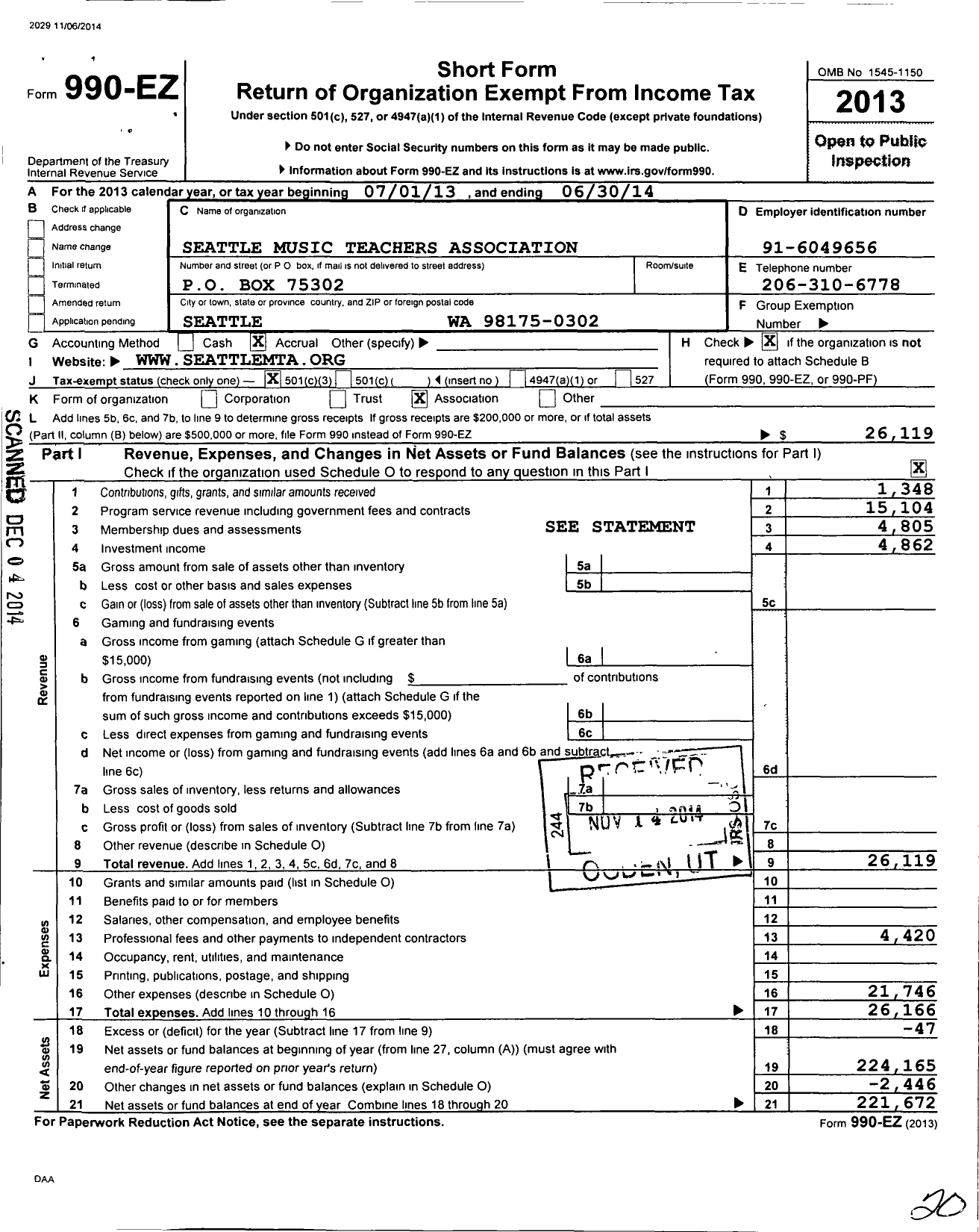 Image of first page of 2013 Form 990EZ for Music Teachers National Association / Seattle Chapter