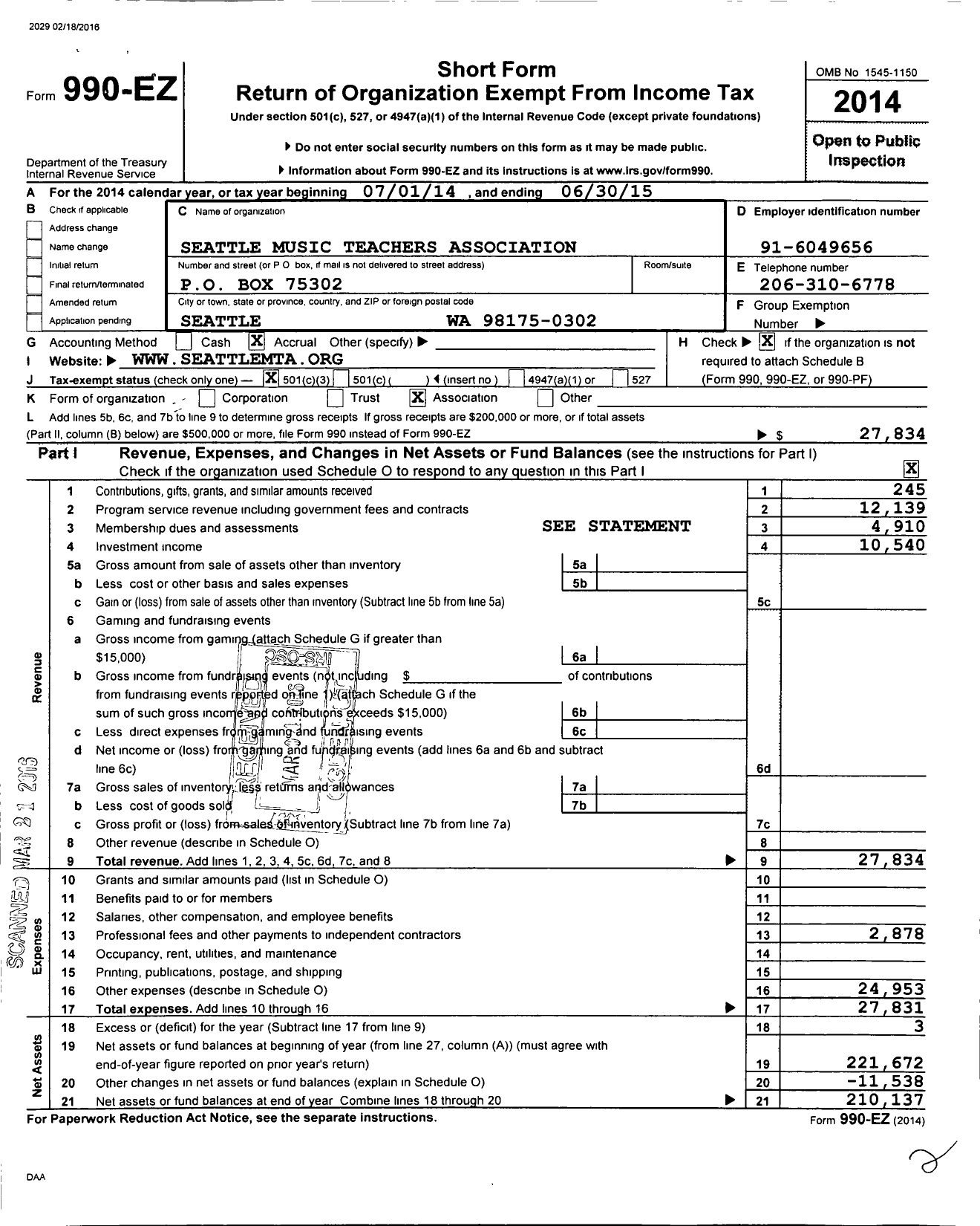 Image of first page of 2014 Form 990EZ for Music Teachers National Association / Seattle Chapter