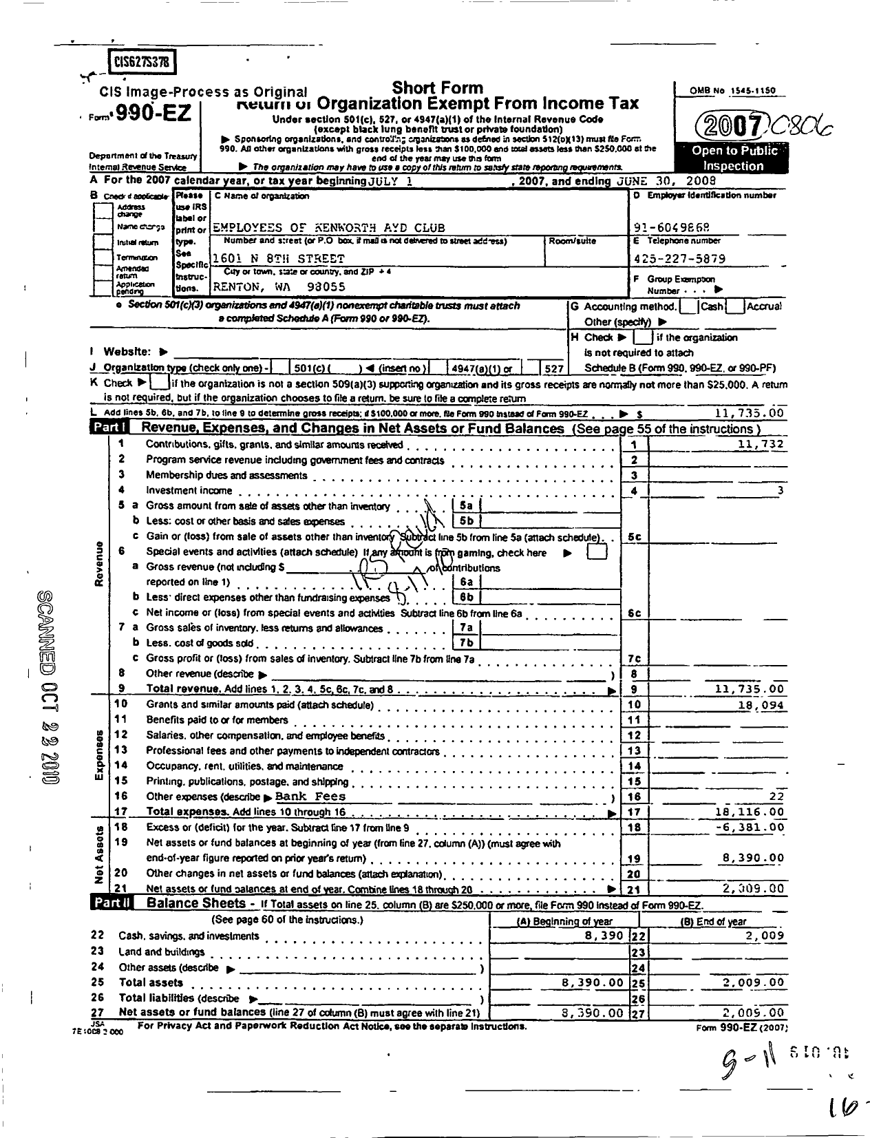 Image of first page of 2007 Form 990EO for Employees of Kenworth Ayd Club