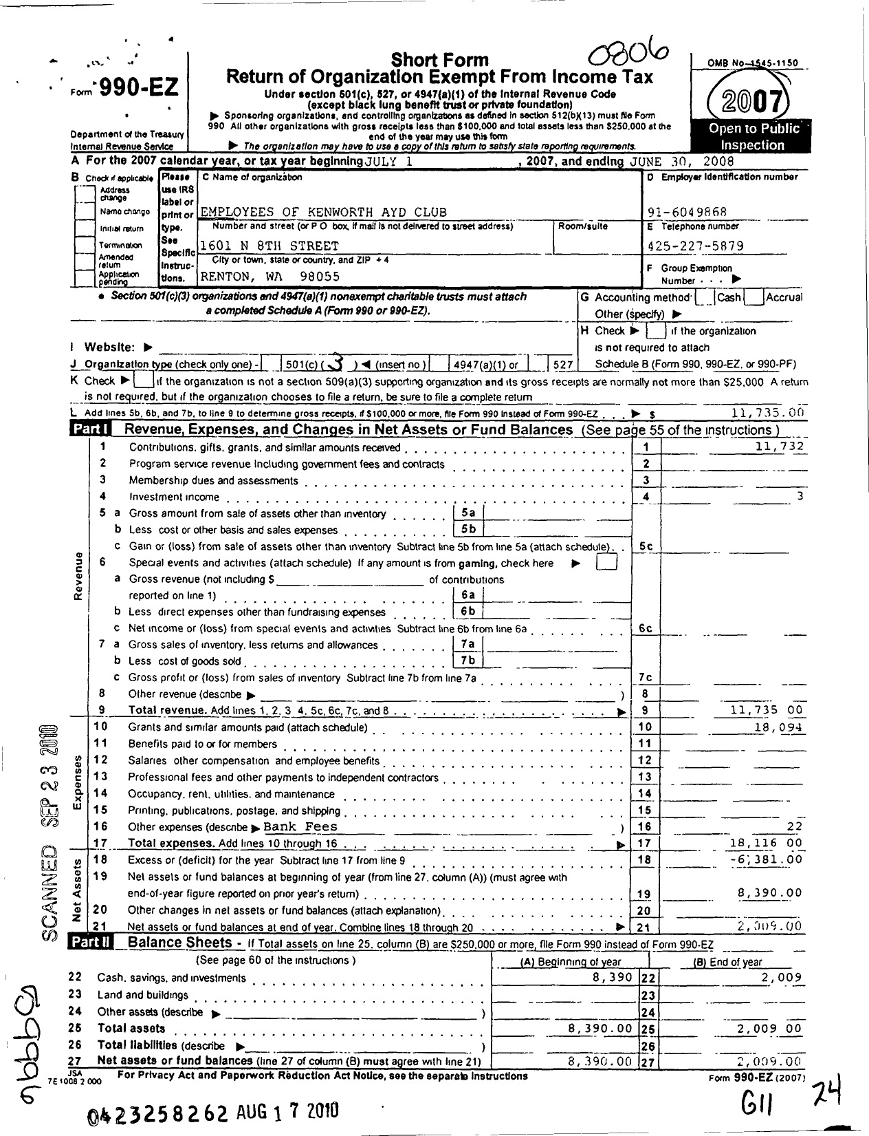 Image of first page of 2007 Form 990EZ for Employees of Kenworth Ayd Club