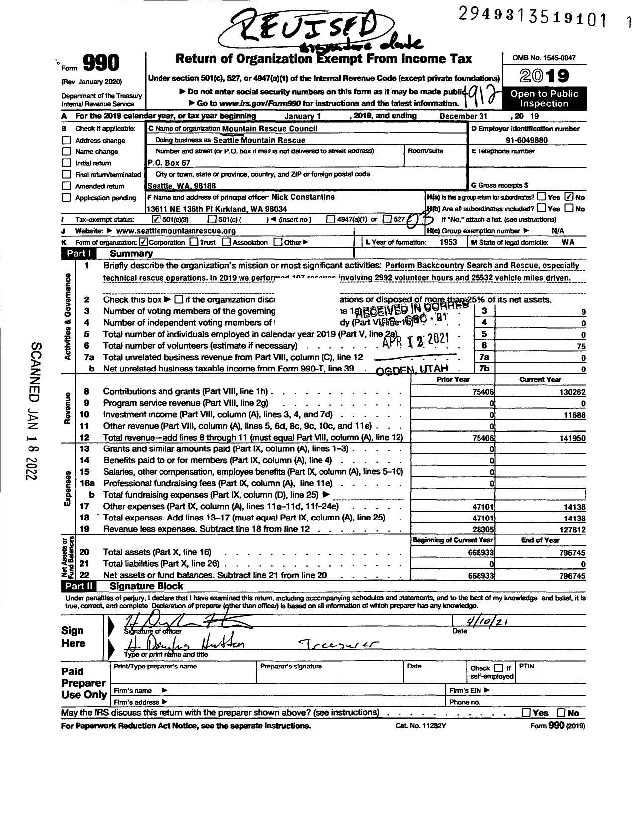 Image of first page of 2019 Form 990 for Seattle Mountain Rescue