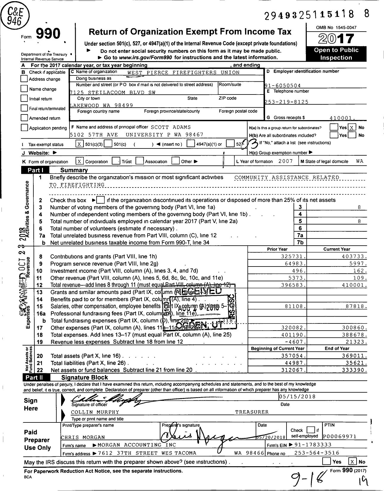 Image of first page of 2017 Form 990 for International Association of Fire Fighters - West Pierce Firefighters