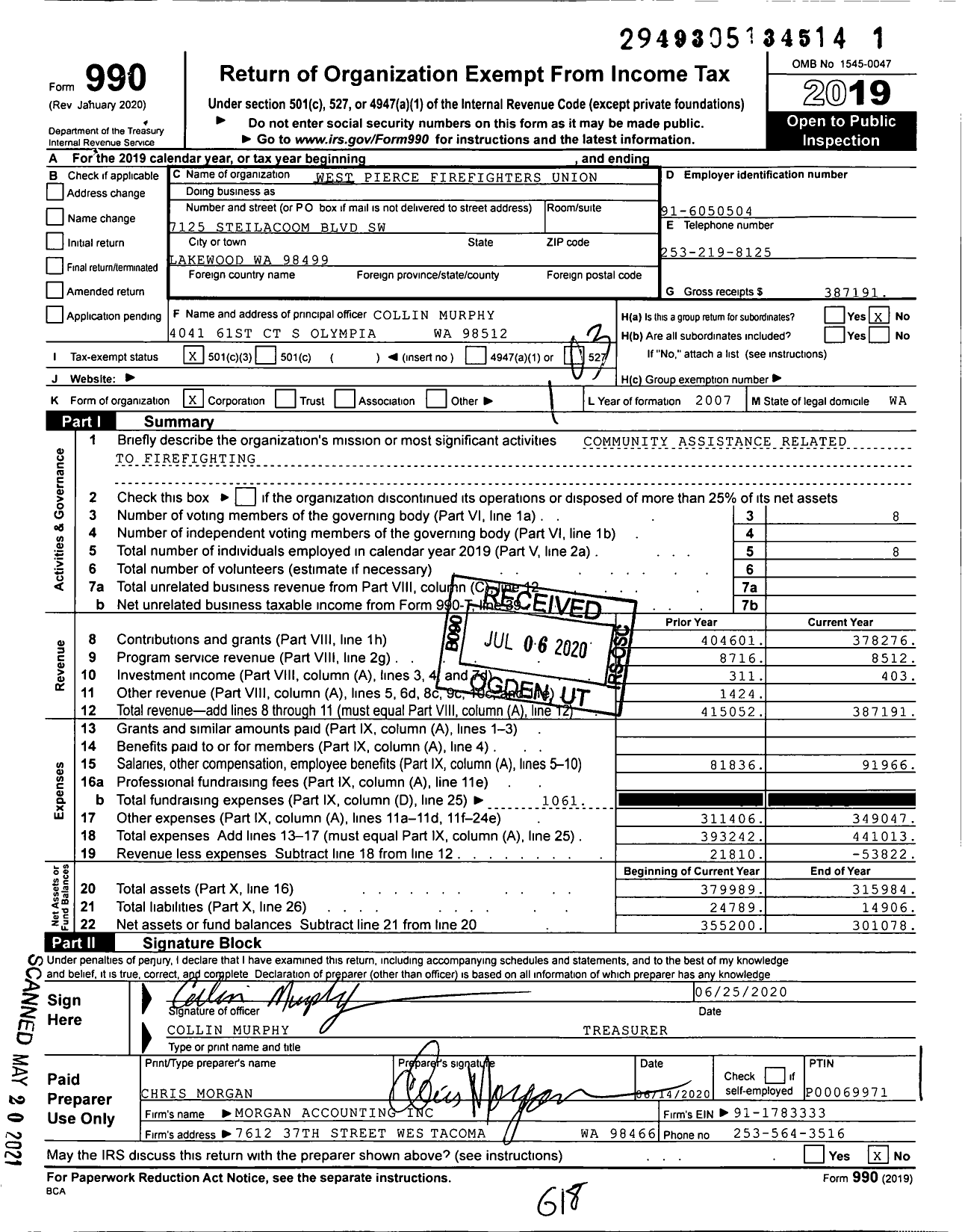 Image of first page of 2019 Form 990 for International Association of Fire Fighters - West Pierce Firefighters