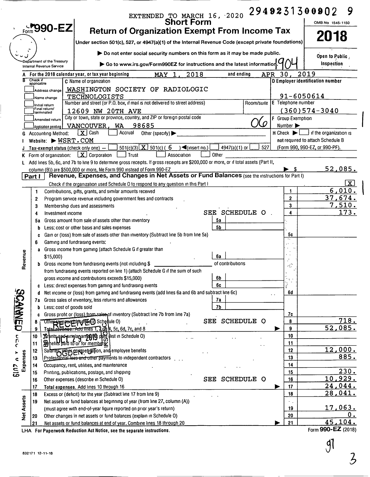 Image of first page of 2018 Form 990EO for American Society of Radiologic Technologists / Washington Society