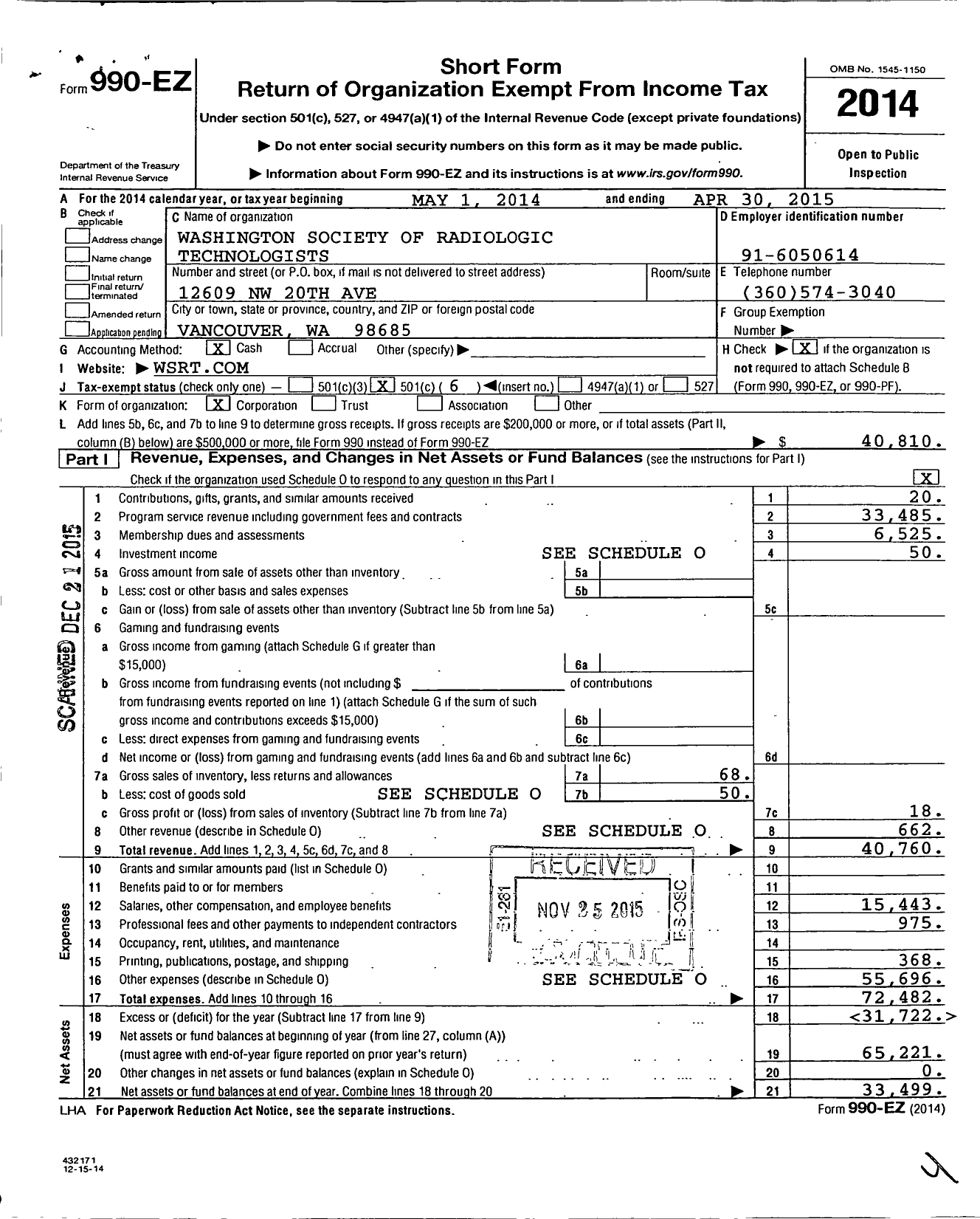 Image of first page of 2014 Form 990EO for American Society of Radiologic Technologists / Washington Society