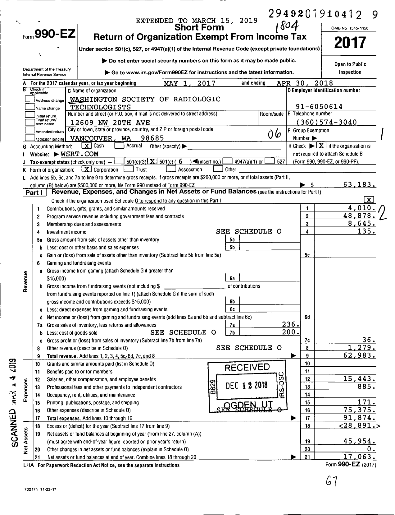 Image of first page of 2017 Form 990EO for American Society of Radiologic Technologists / Washington Society