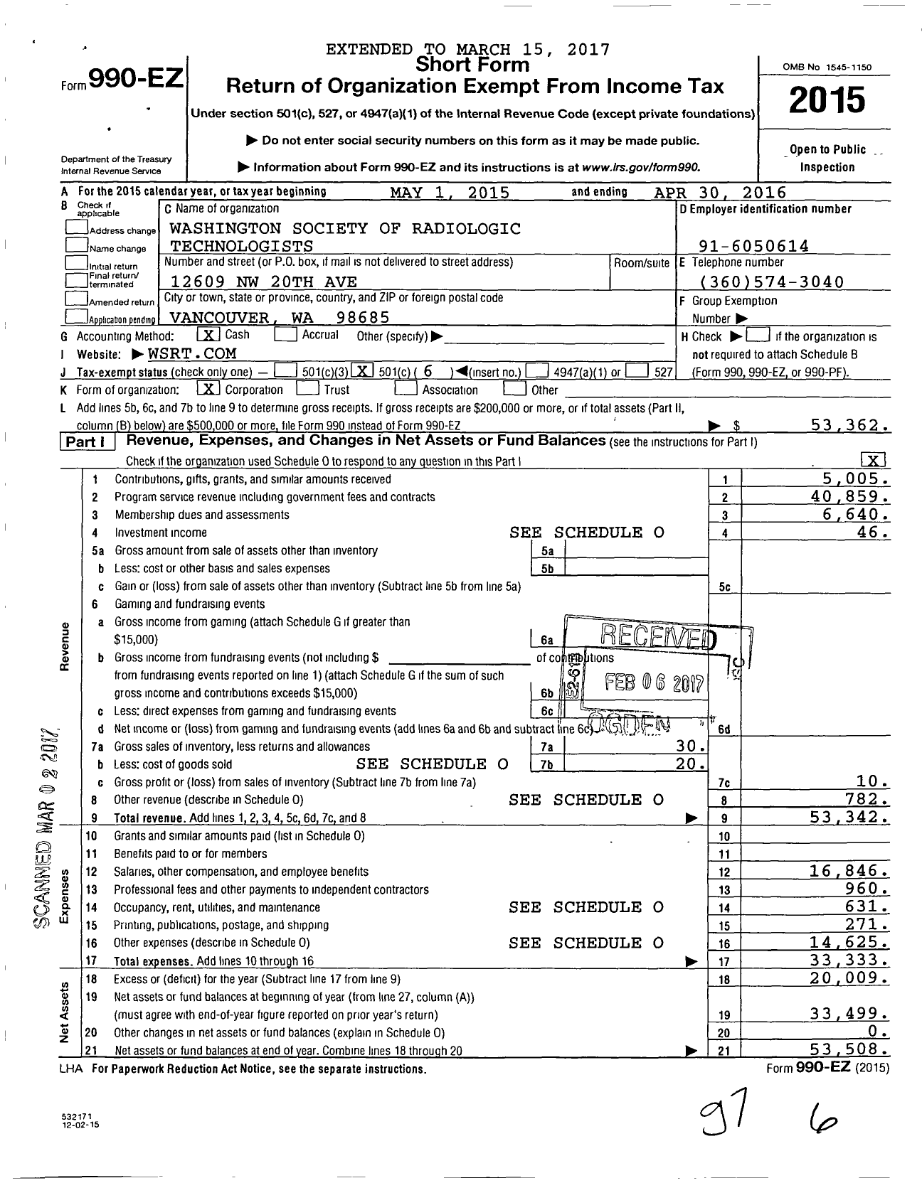 Image of first page of 2015 Form 990EO for American Society of Radiologic Technologists / Washington Society