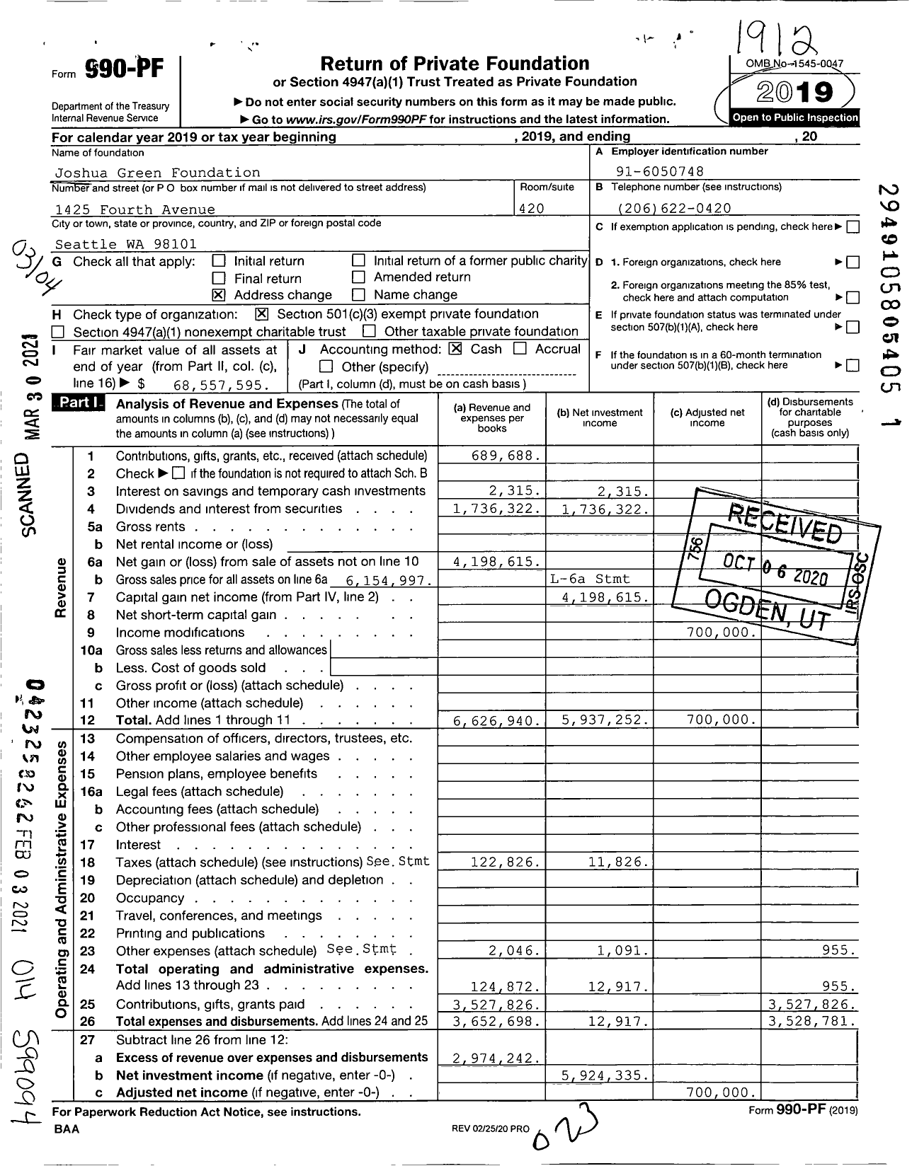 Image of first page of 2019 Form 990PF for Joshua Green Foundation