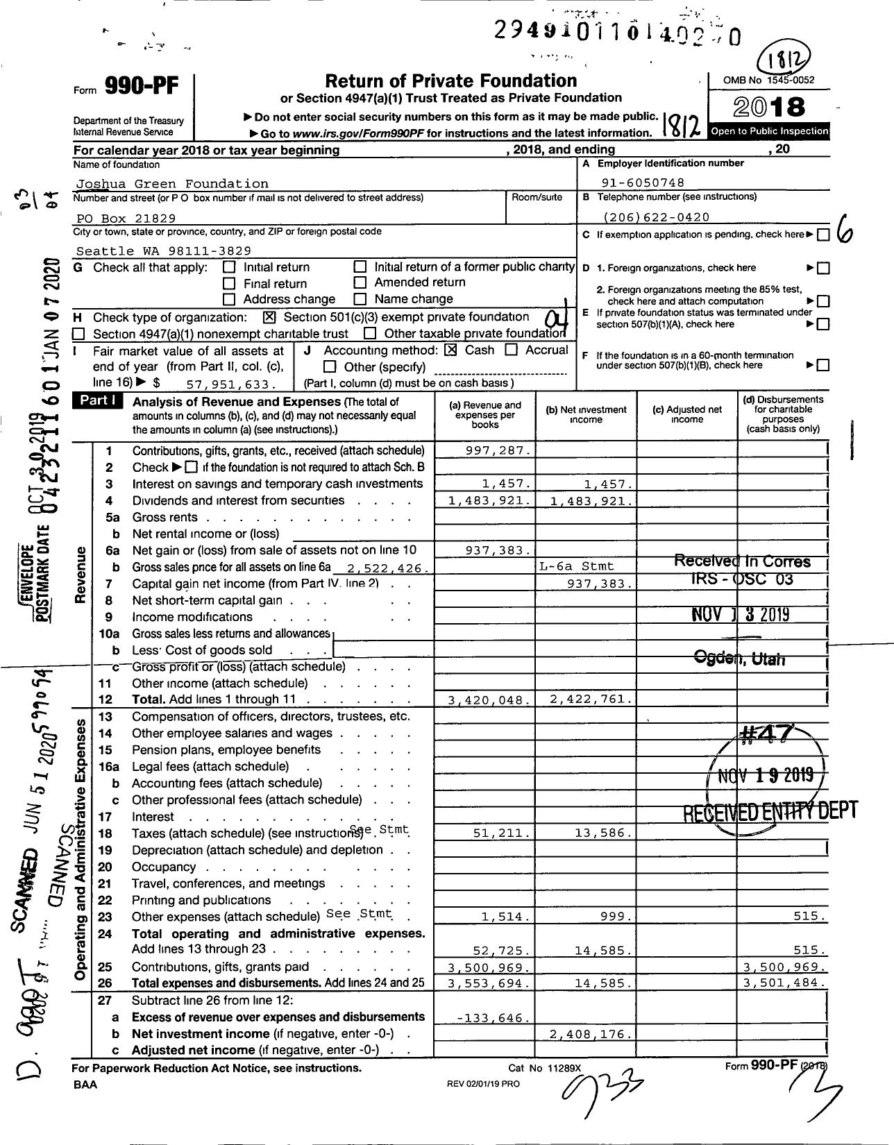 Image of first page of 2018 Form 990PR for Joshua Green Foundation
