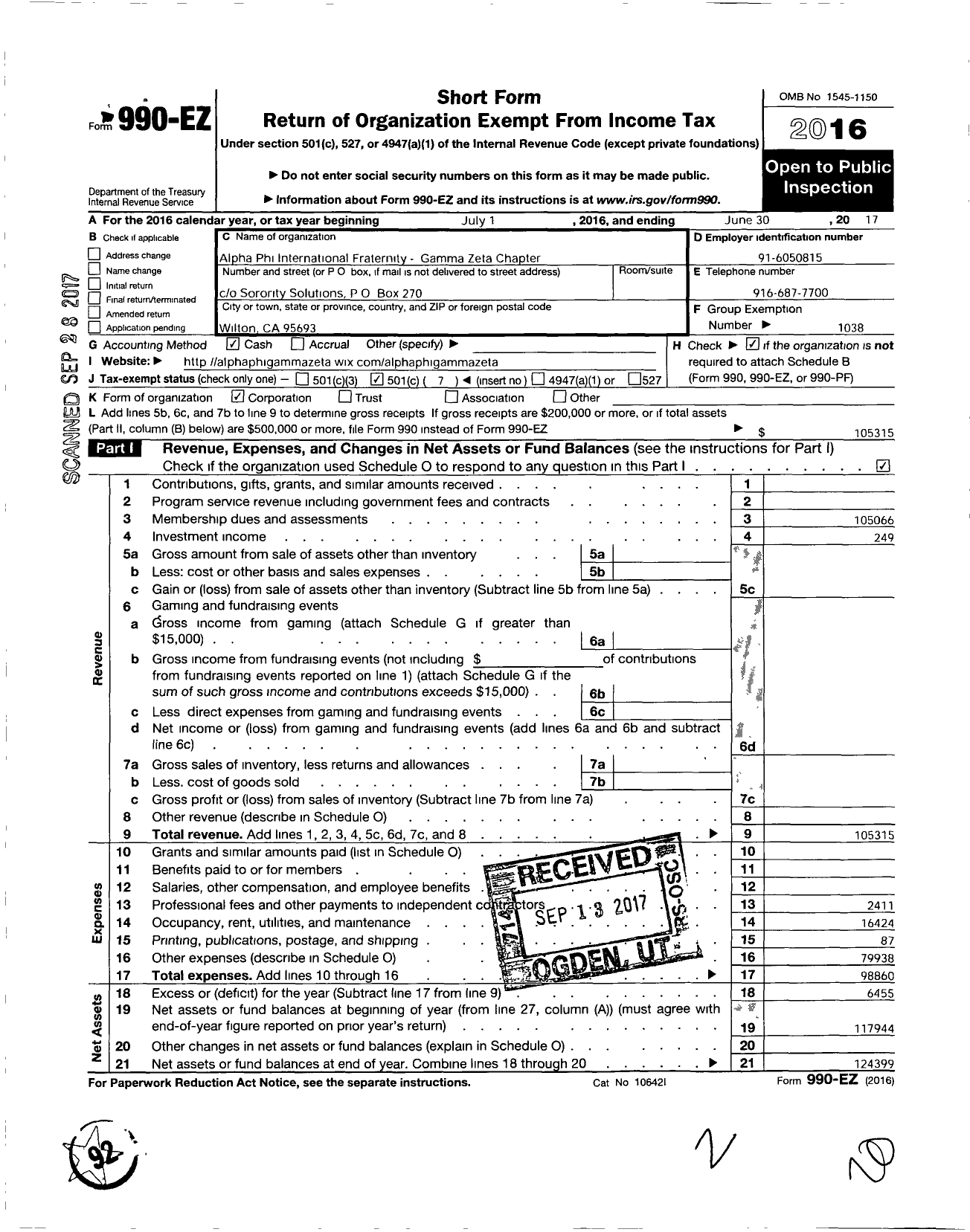 Image of first page of 2016 Form 990EO for Alpha Phi - Gamma Zeta Chapter