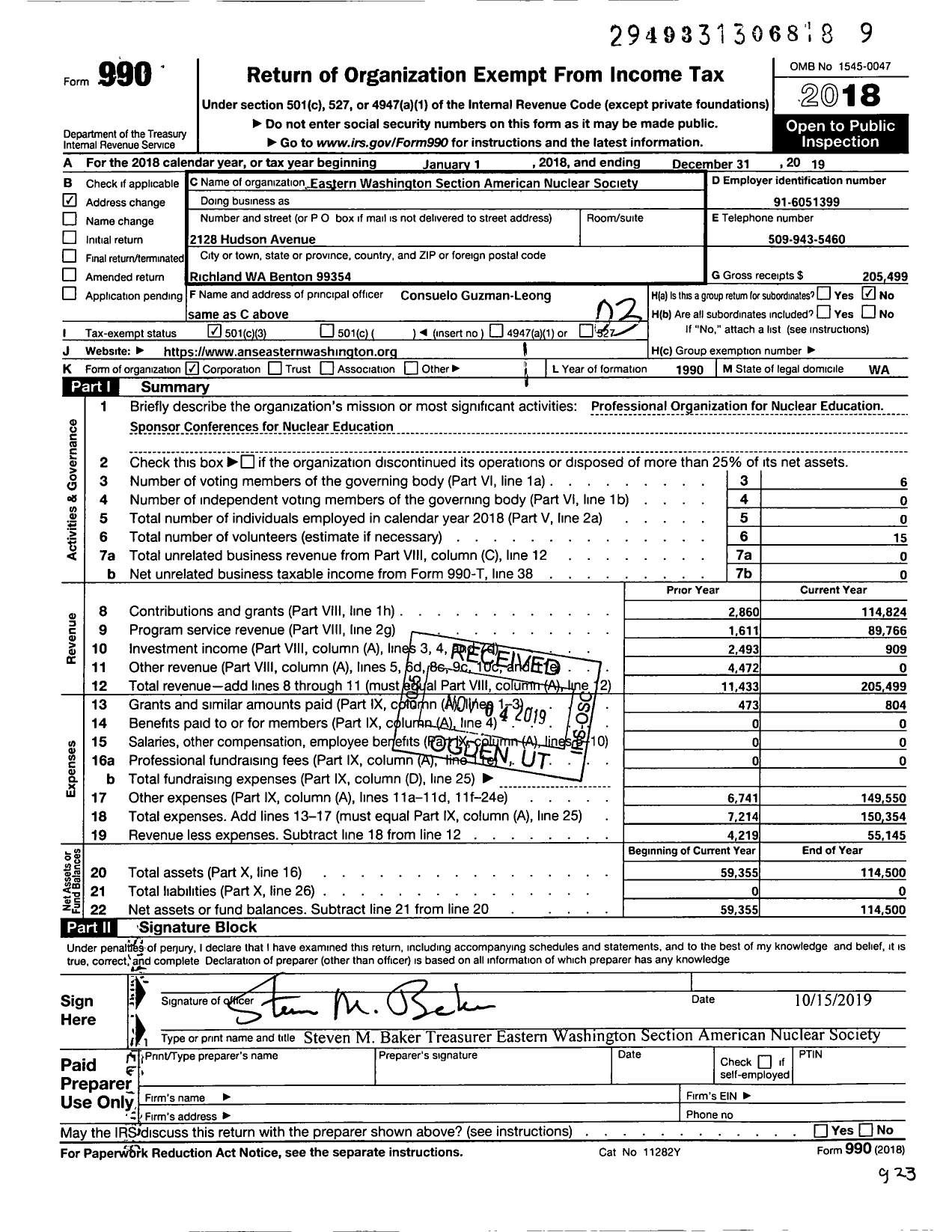 Image of first page of 2019 Form 990 for Eastern Washington Section-American Nuclear Society