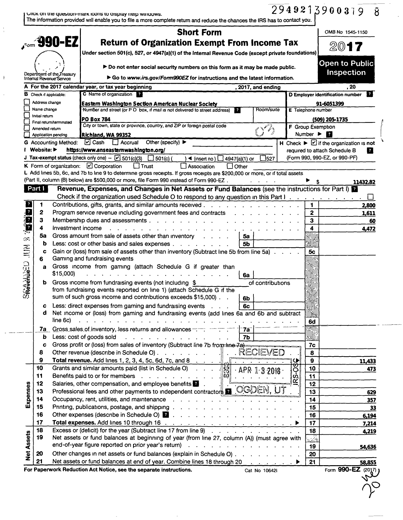 Image of first page of 2017 Form 990EZ for Eastern Washington Section-American Nuclear Society