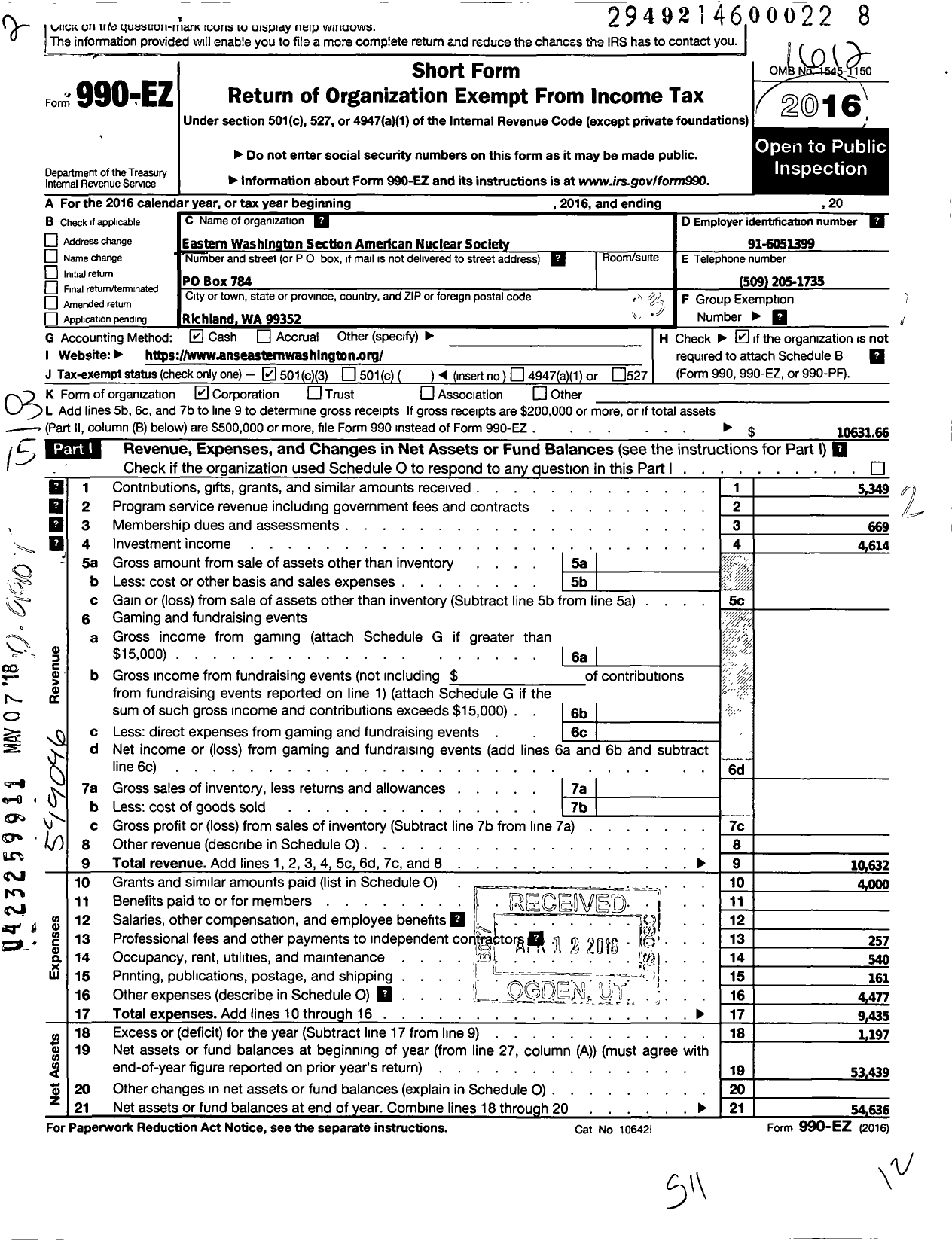 Image of first page of 2016 Form 990EZ for Eastern Washington Section-American Nuclear Society