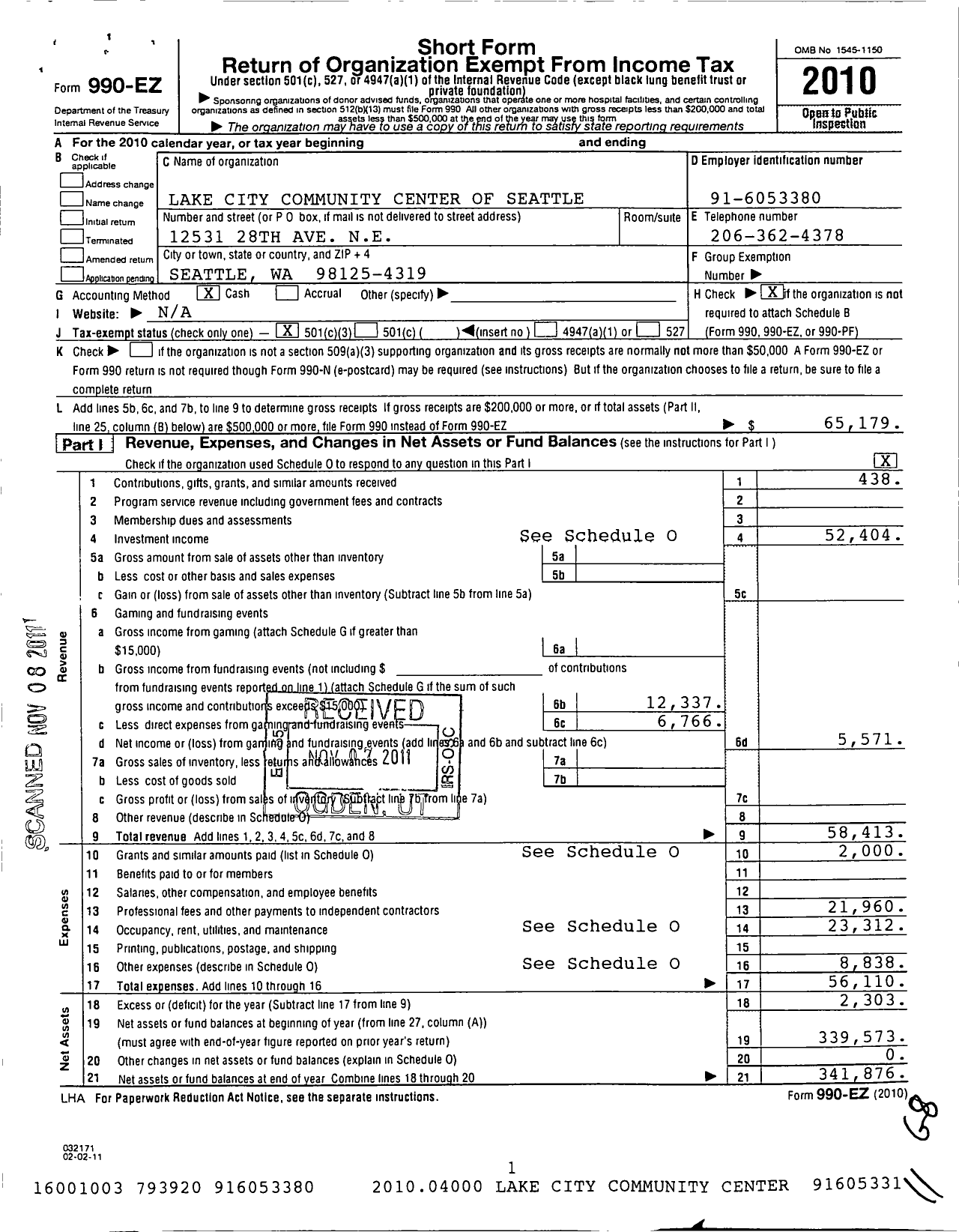 Image of first page of 2010 Form 990EZ for Lake City Community Center of Seattle