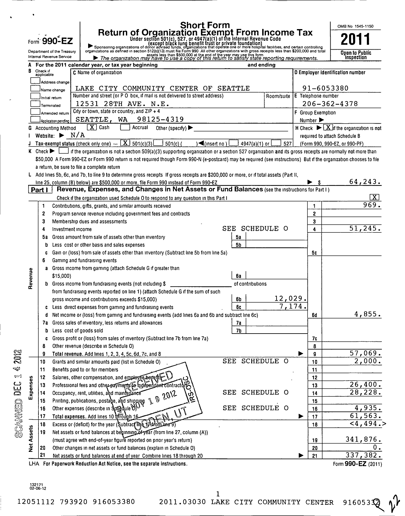 Image of first page of 2011 Form 990EZ for Lake City Community Center of Seattle