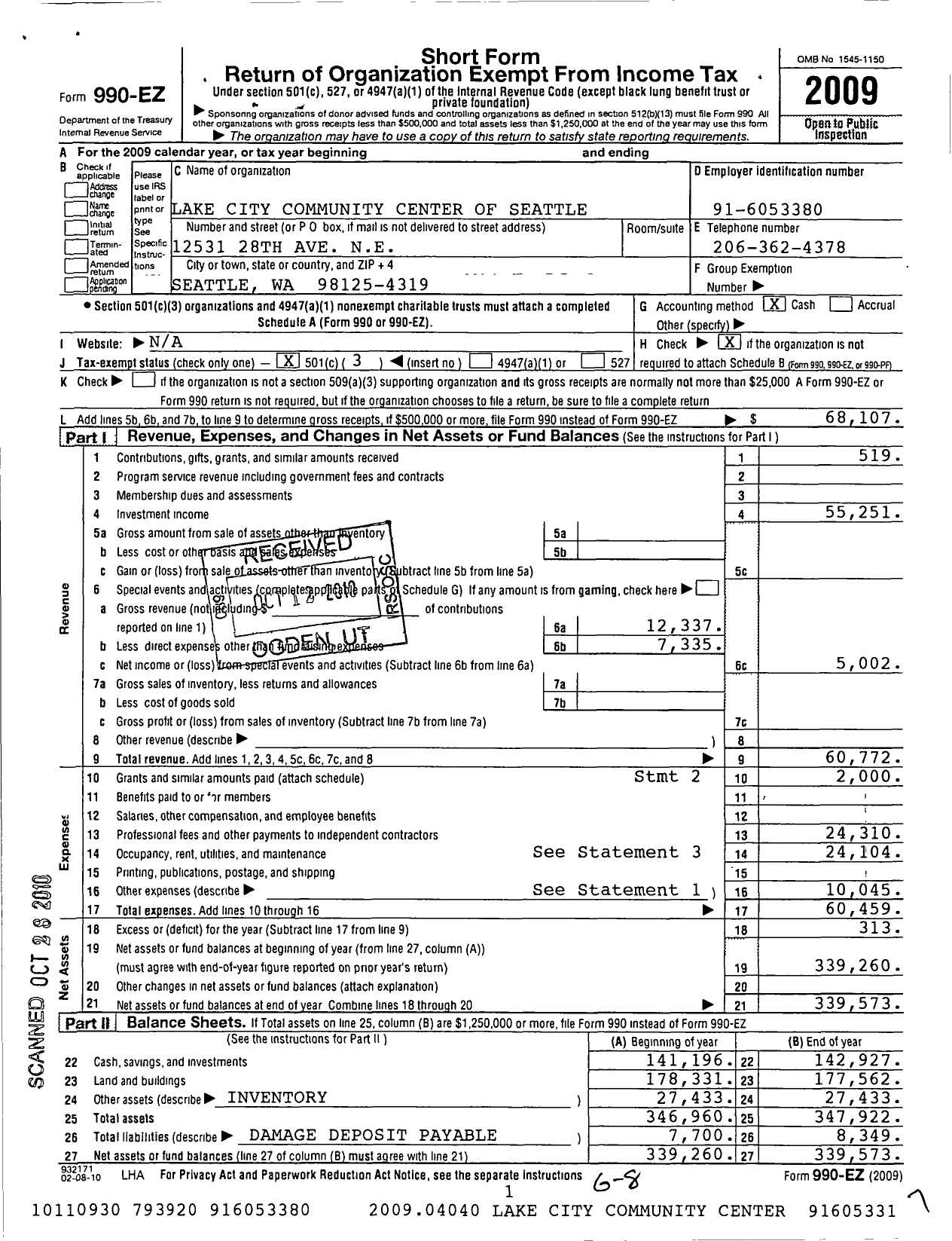 Image of first page of 2009 Form 990EZ for Lake City Community Center of Seattle