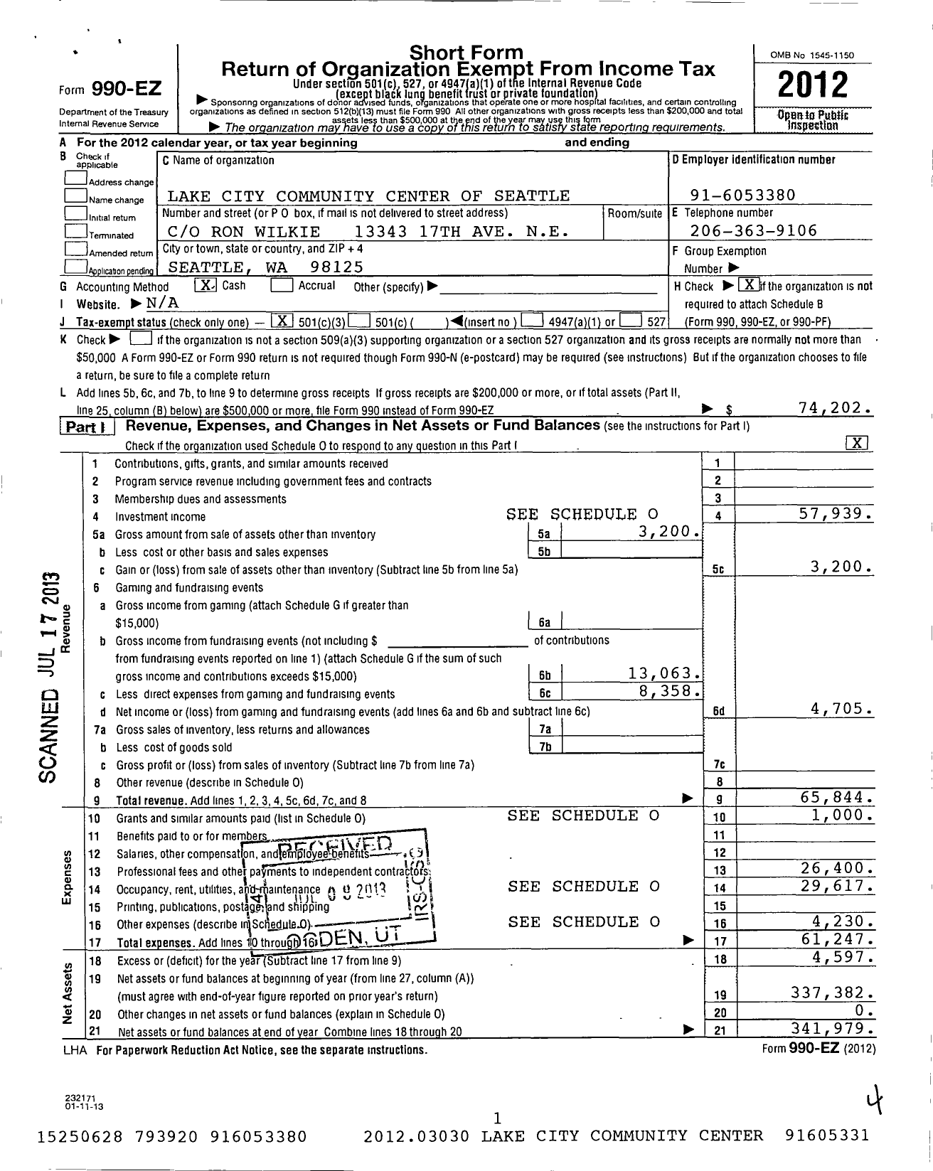 Image of first page of 2012 Form 990EZ for Lake City Community Center of Seattle