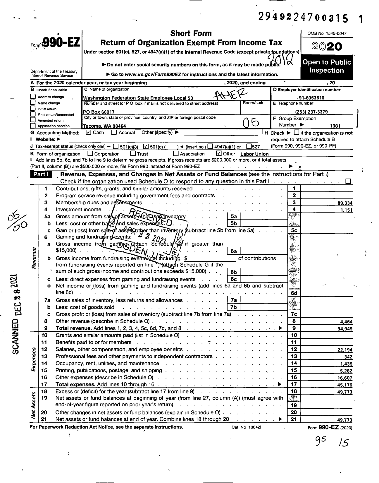 Image of first page of 2020 Form 990EO for American Federation of State County & Municipal Employees - L0053wa Fed of St Empls Tacoma Ar