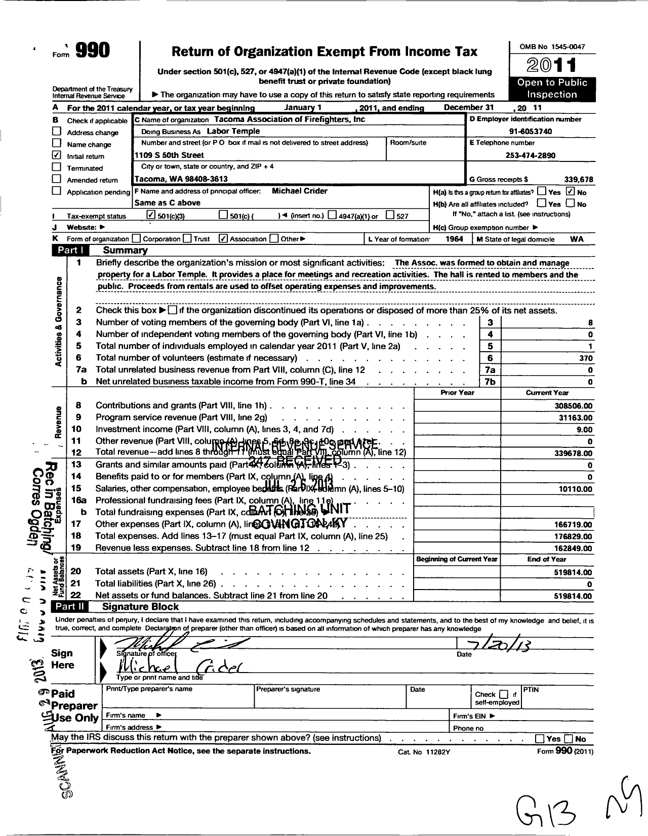 Image of first page of 2011 Form 990 for Tacoma Association of Fire Fighters