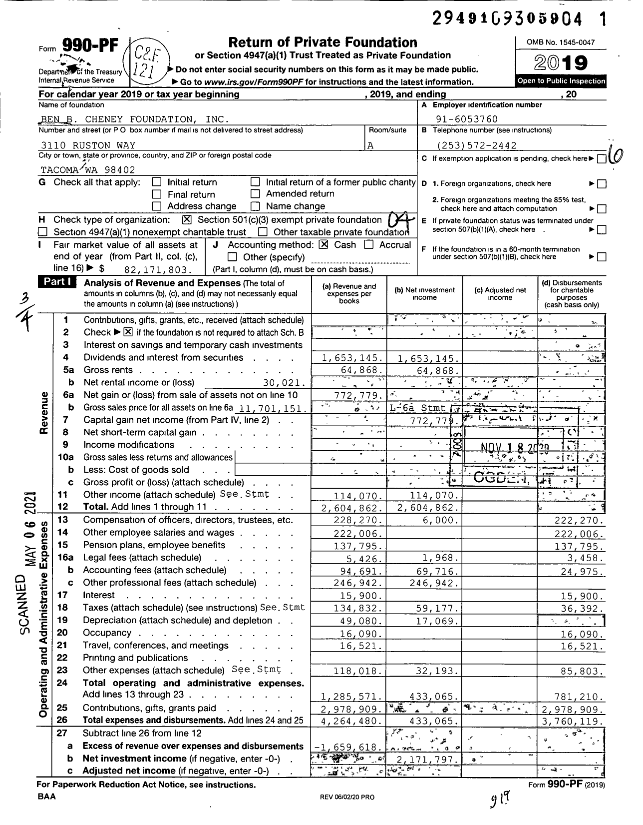 Image of first page of 2019 Form 990PF for Ben B. Cheney Foundation