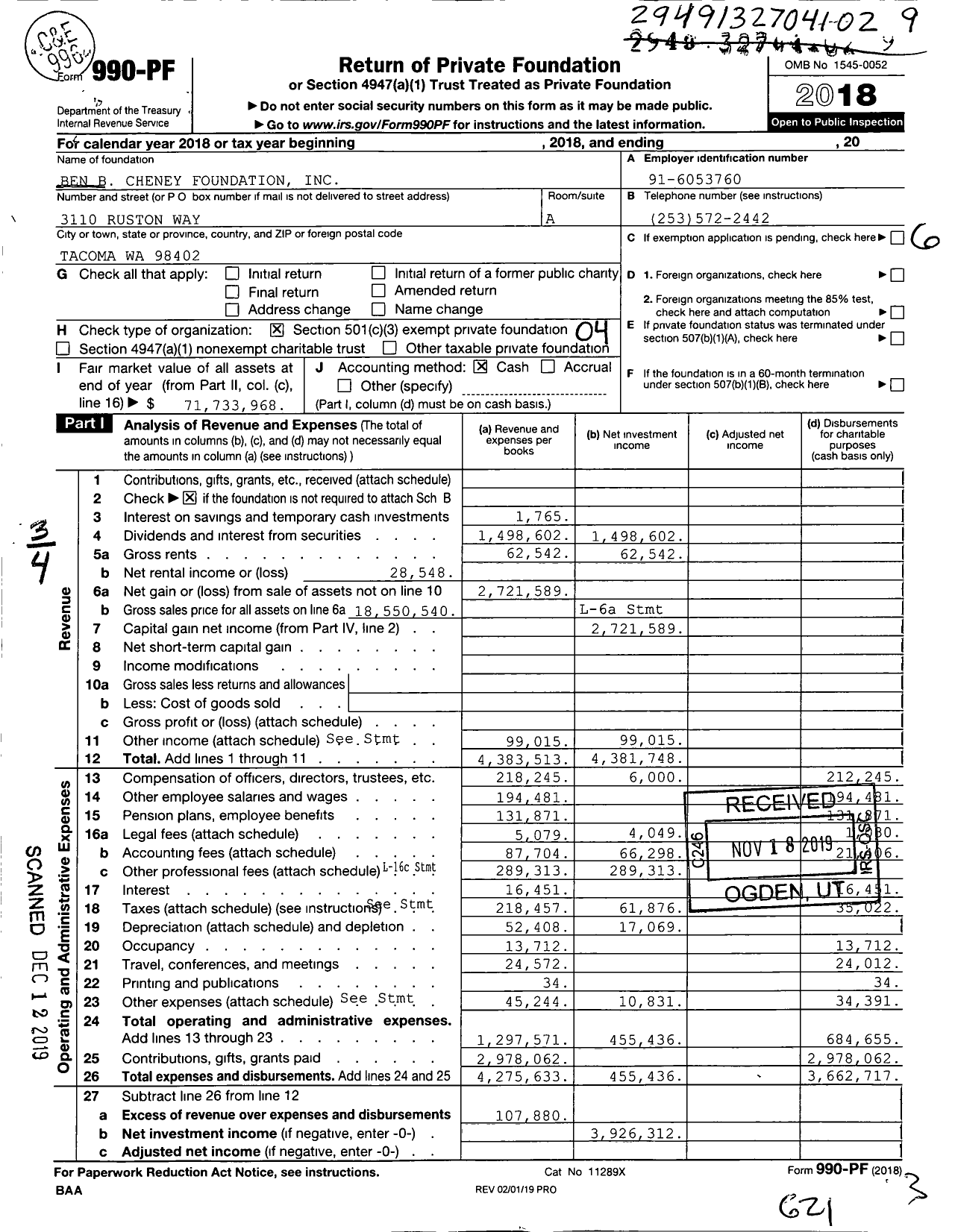 Image of first page of 2018 Form 990PF for Ben B. Cheney Foundation