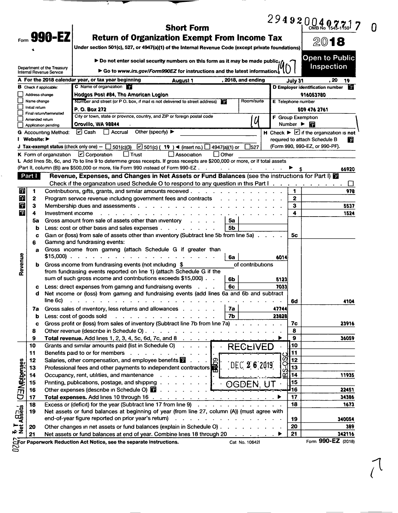 Image of first page of 2018 Form 990EO for AMERICAN LEGION - 0084 Hodges