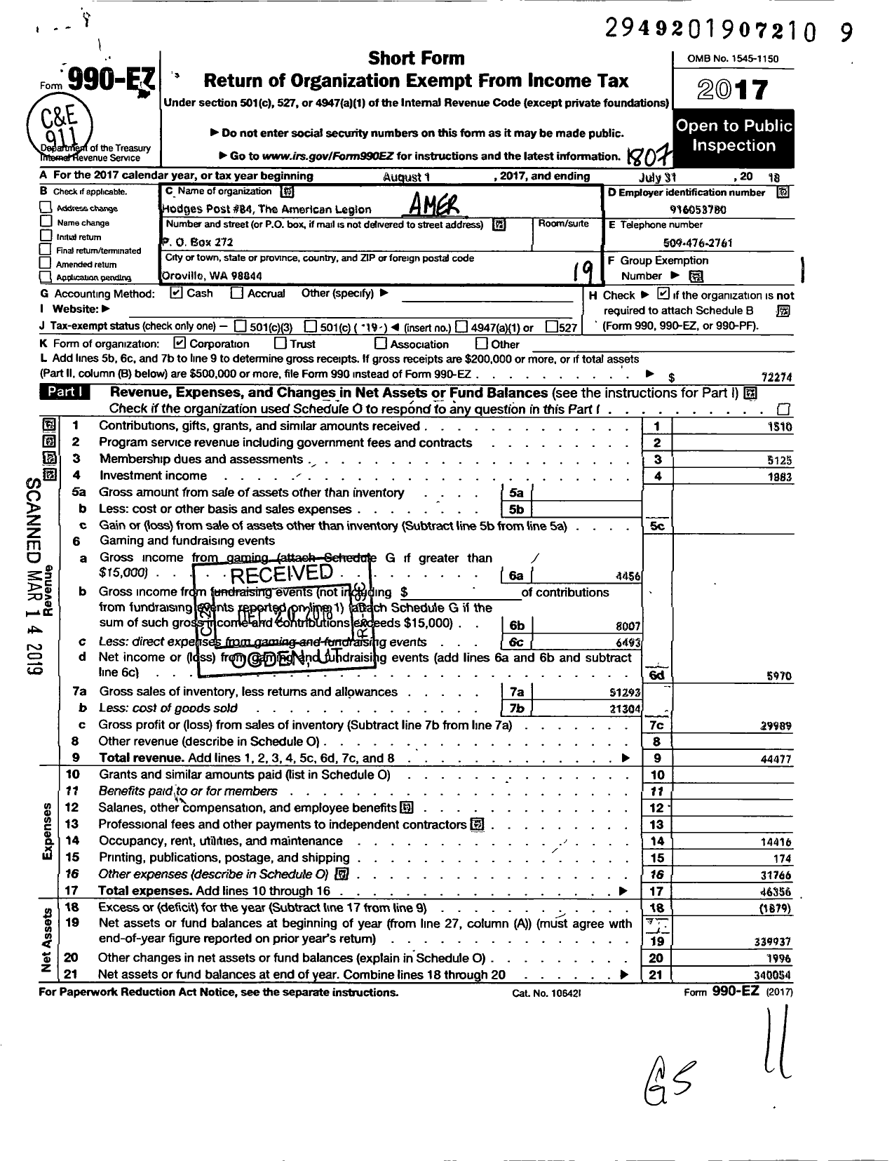 Image of first page of 2017 Form 990EO for AMERICAN LEGION - 0084 Hodges