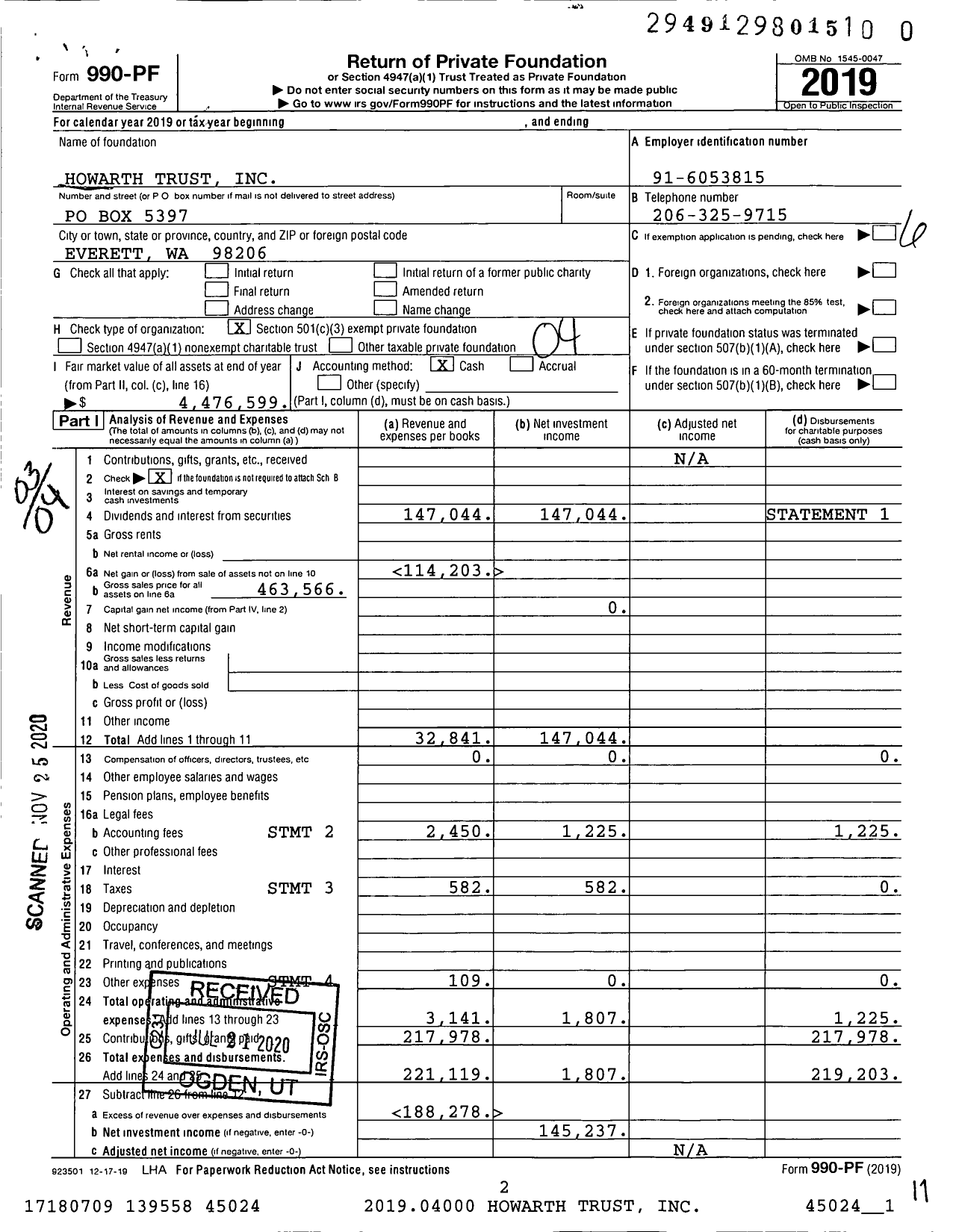 Image of first page of 2019 Form 990PF for Howarth Trust