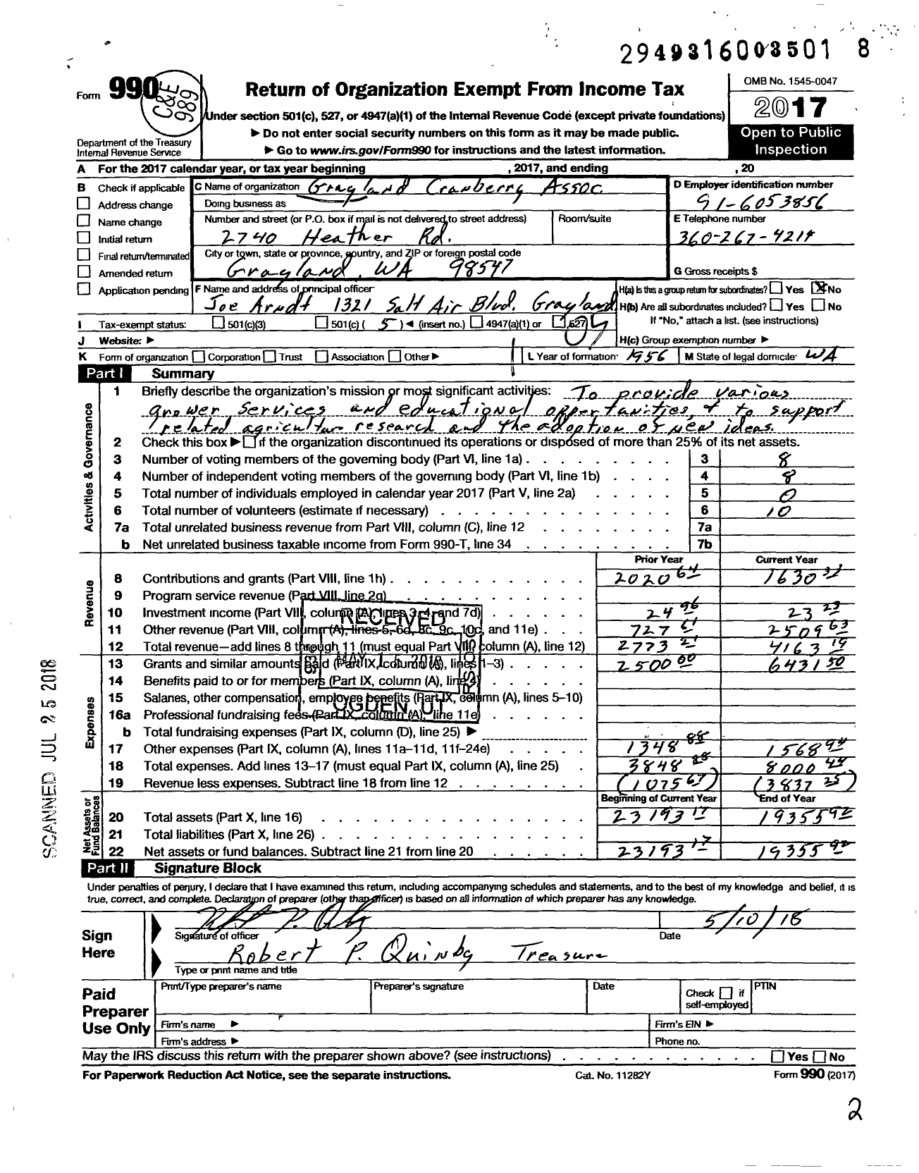 Image of first page of 2017 Form 990O for Grayland Cranberry Association