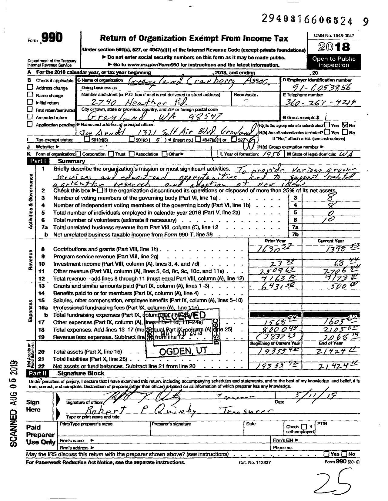 Image of first page of 2018 Form 990O for Grayland Cranberry Association