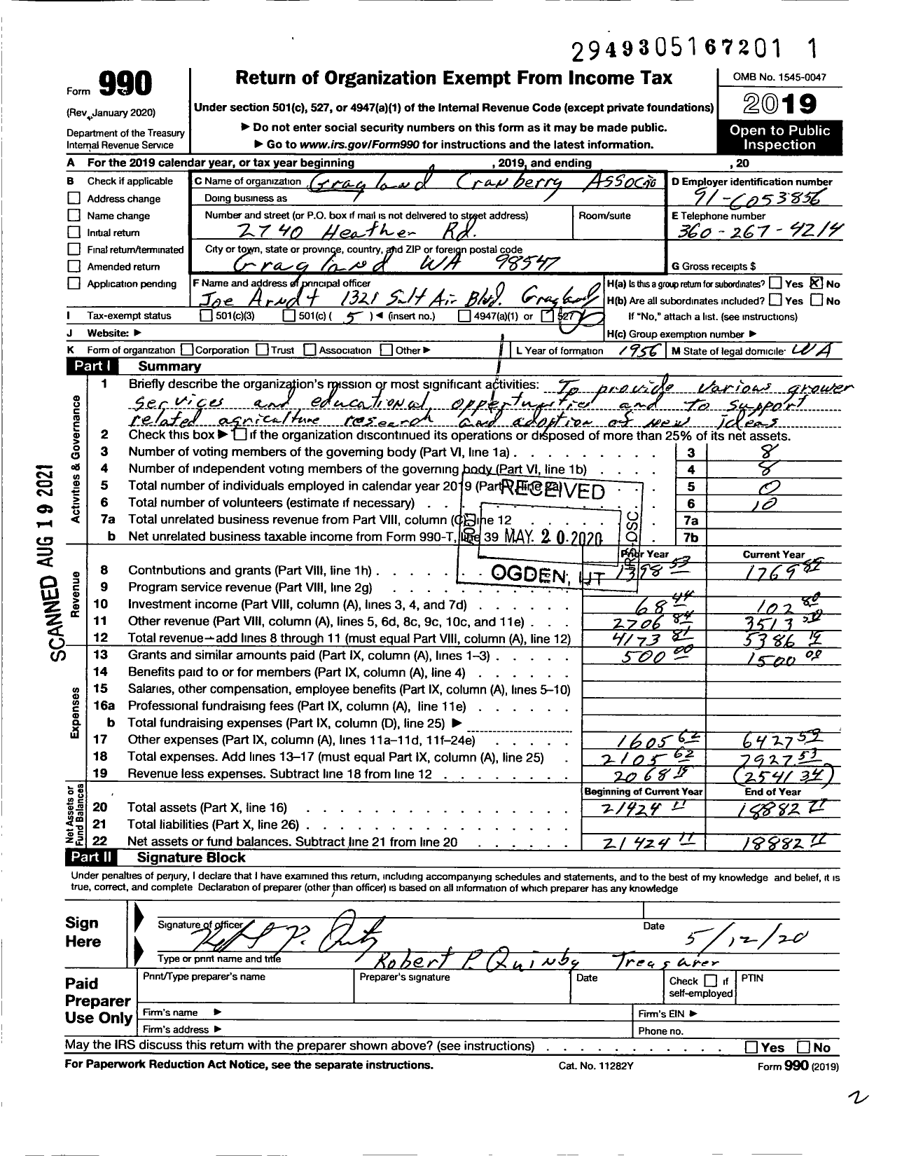 Image of first page of 2019 Form 990O for Grayland Cranberry Association