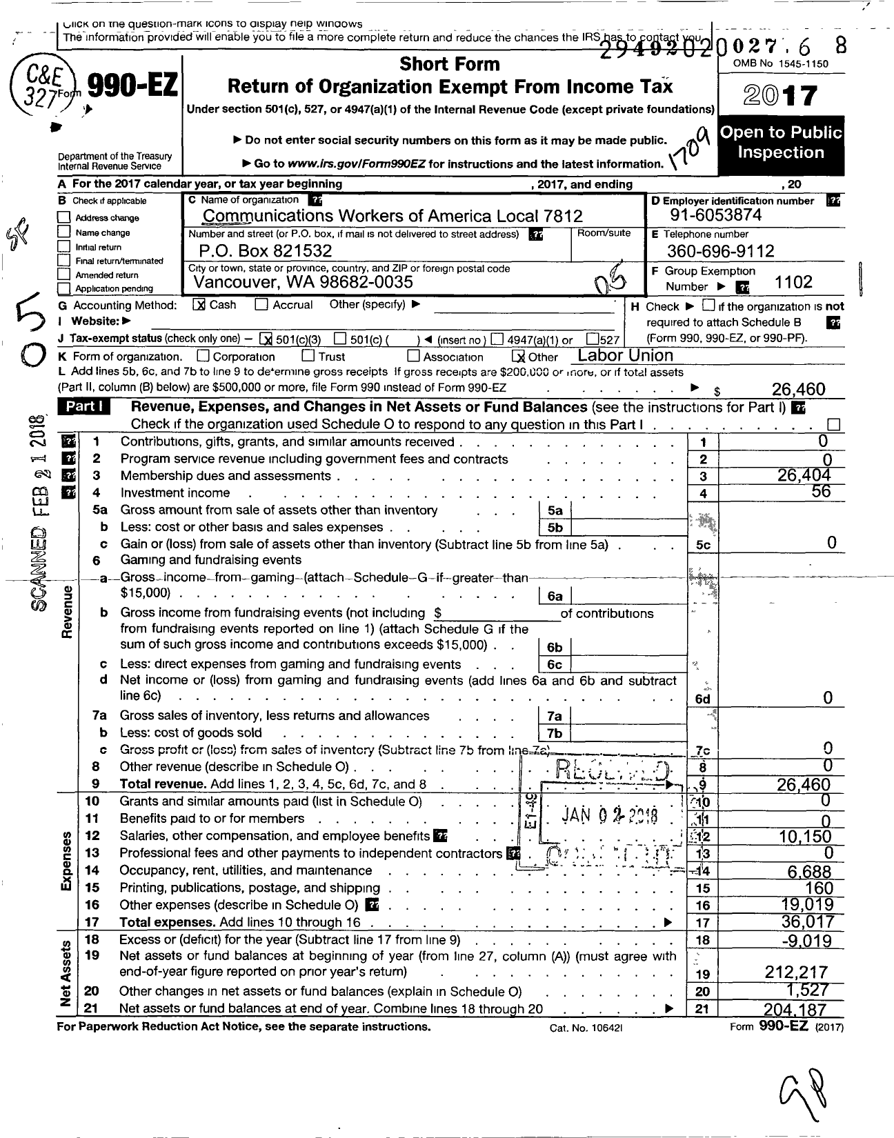 Image of first page of 2016 Form 990EO for Communications Workers of America Local 7812