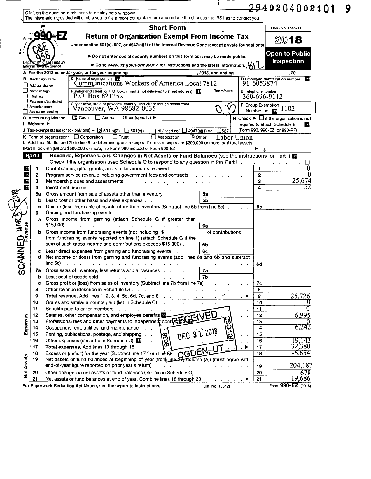 Image of first page of 2018 Form 990EO for Communications Workers of America Local 7812