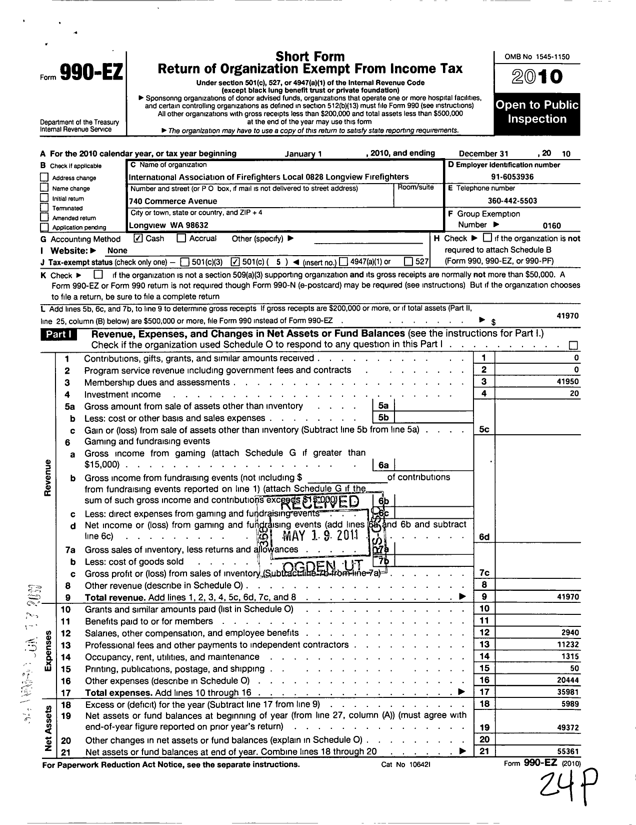 Image of first page of 2010 Form 990EO for International Association of Fire Fighters - L0828 Longview