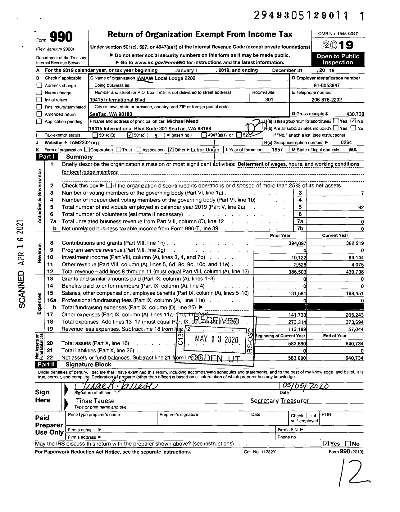 Image of first page of 2019 Form 990 for International Association of Machinists and Aerospace Workers - IAMAW Local Lodge 2202