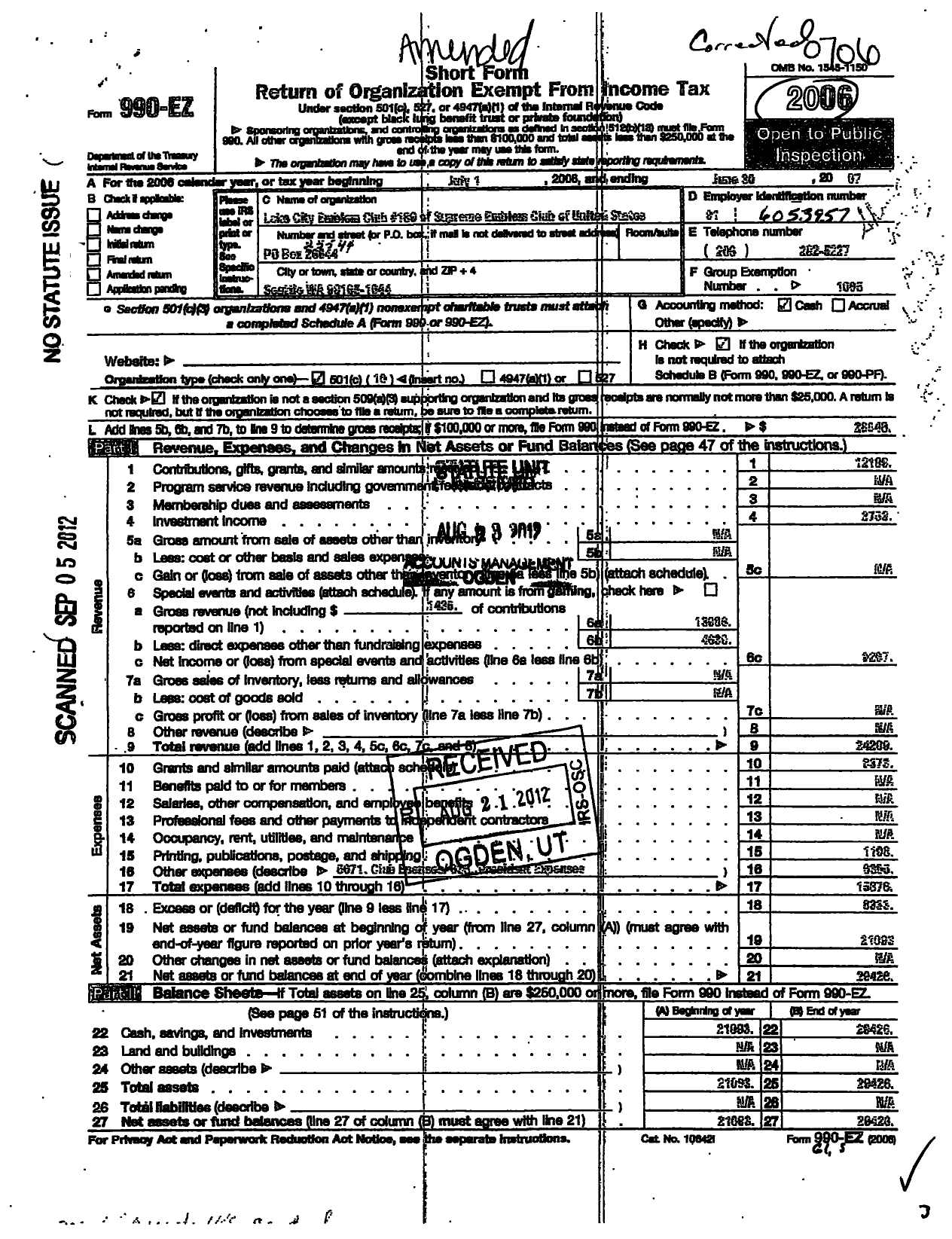 Image of first page of 2006 Form 990EO for Supreme Emblem Club of the United States of America - Lake City-Shoreline Emblem Club 189