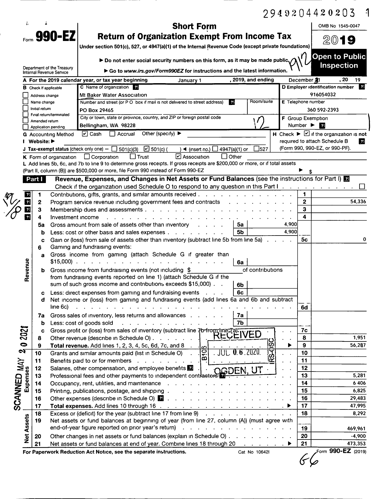 Image of first page of 2019 Form 990EO for Mt Baker Water Association