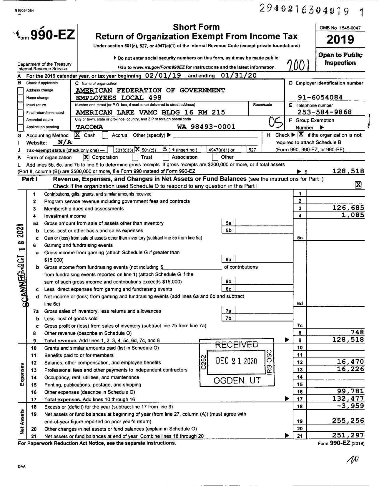 Image of first page of 2019 Form 990EO for American Federation of Government Employees - 0498 Local Afge Va