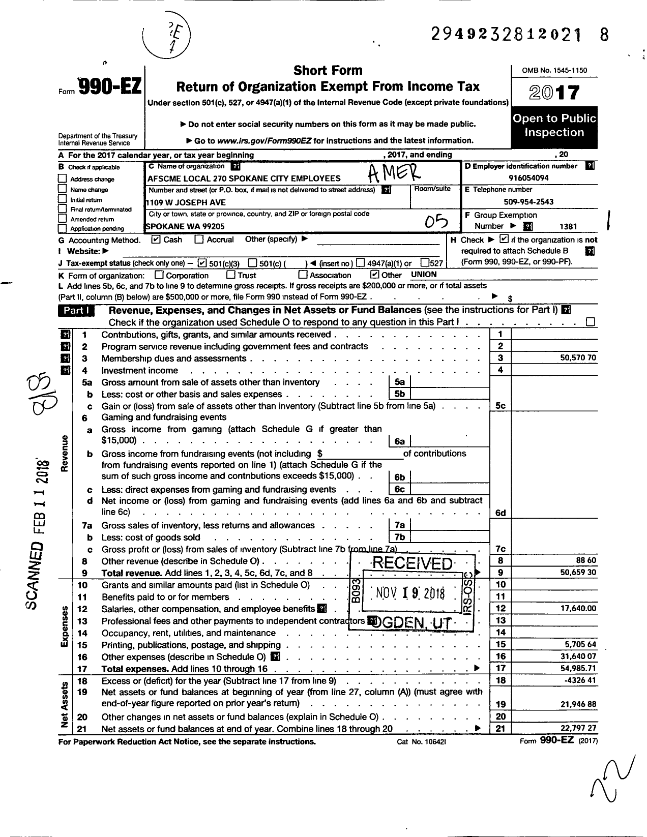 Image of first page of 2017 Form 990EO for American Federation of State County & Municipal Employees - L0270wa Spokane City