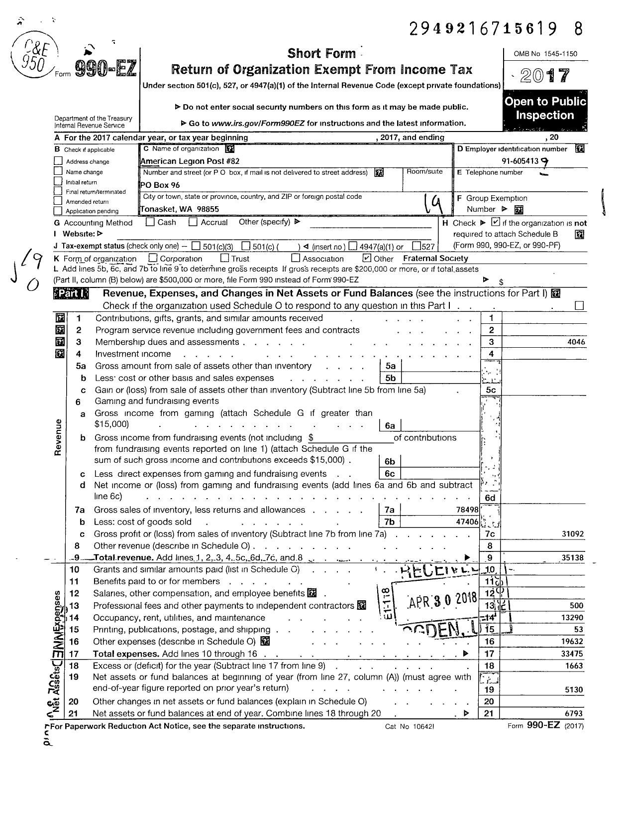 Image of first page of 2017 Form 990EO for AMERICAN LEGION - 0082 Brict Smith Schemling