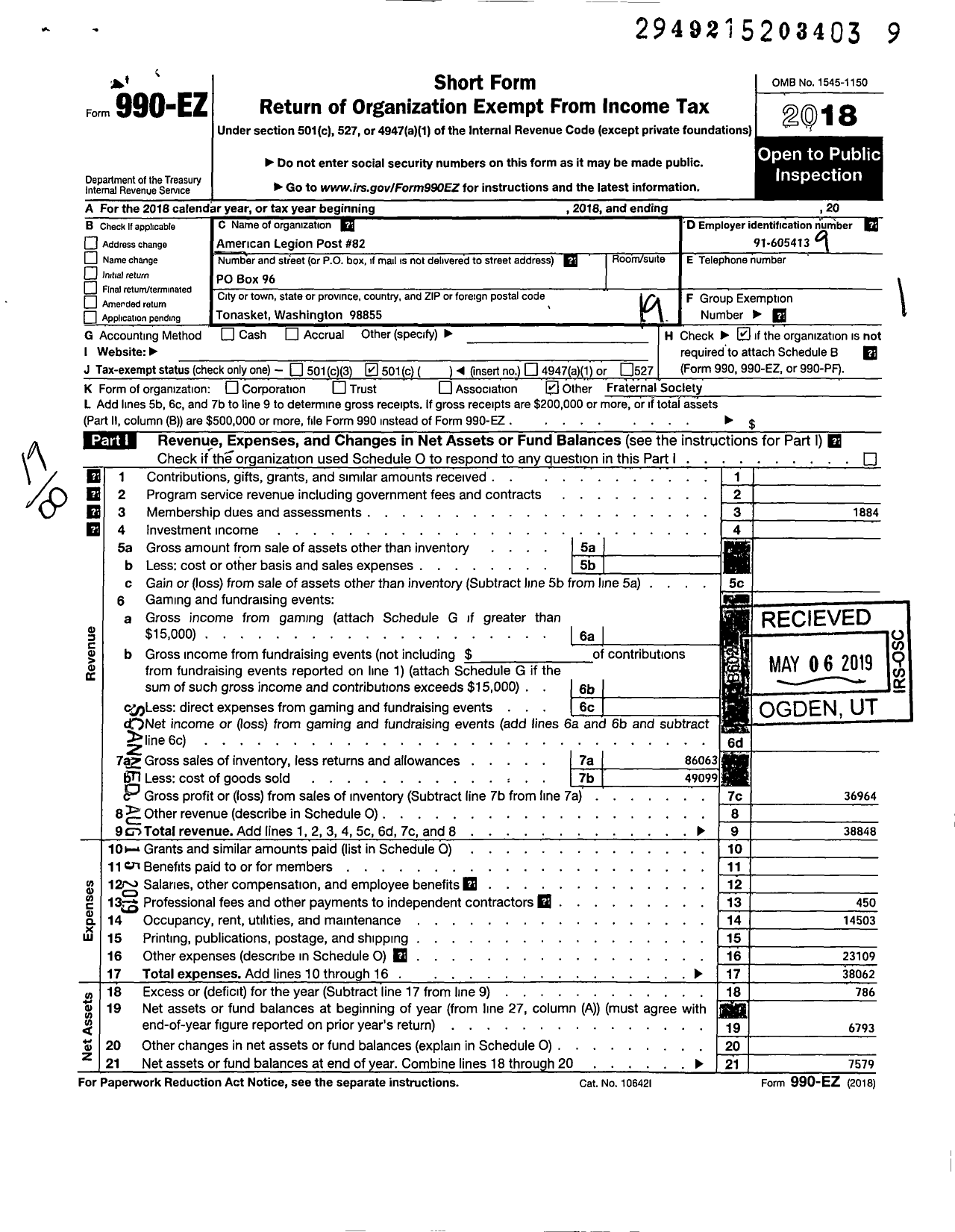 Image of first page of 2018 Form 990EO for AMERICAN LEGION - 0082 Brict Smith Schemling