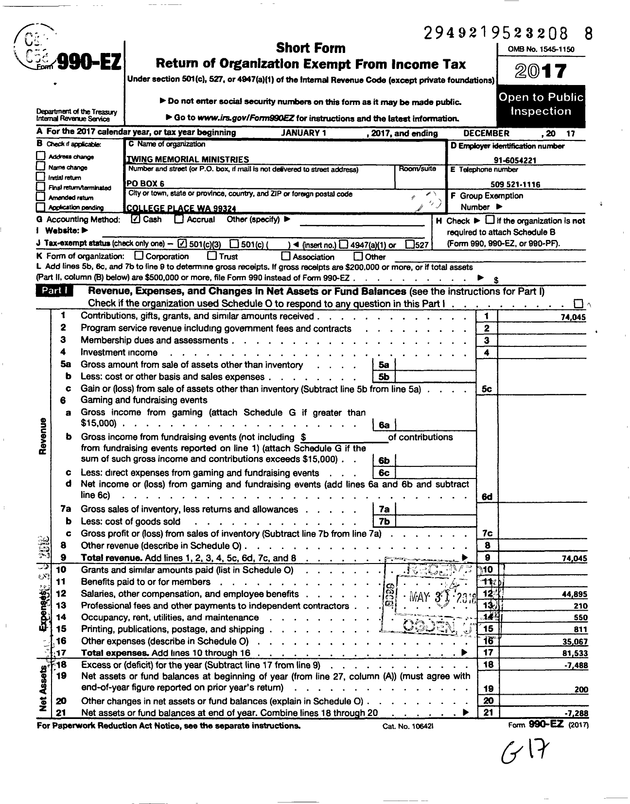 Image of first page of 2017 Form 990EZ for Twing Memorial Ministries