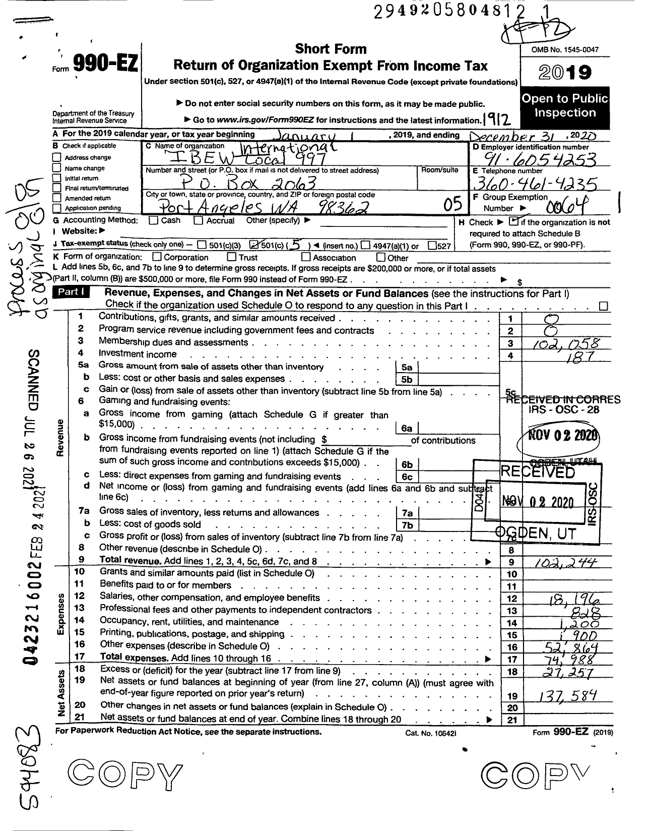 Image of first page of 2019 Form 990EO for international Brotherhood of Electrical Workers - 0997 LOCAL Union