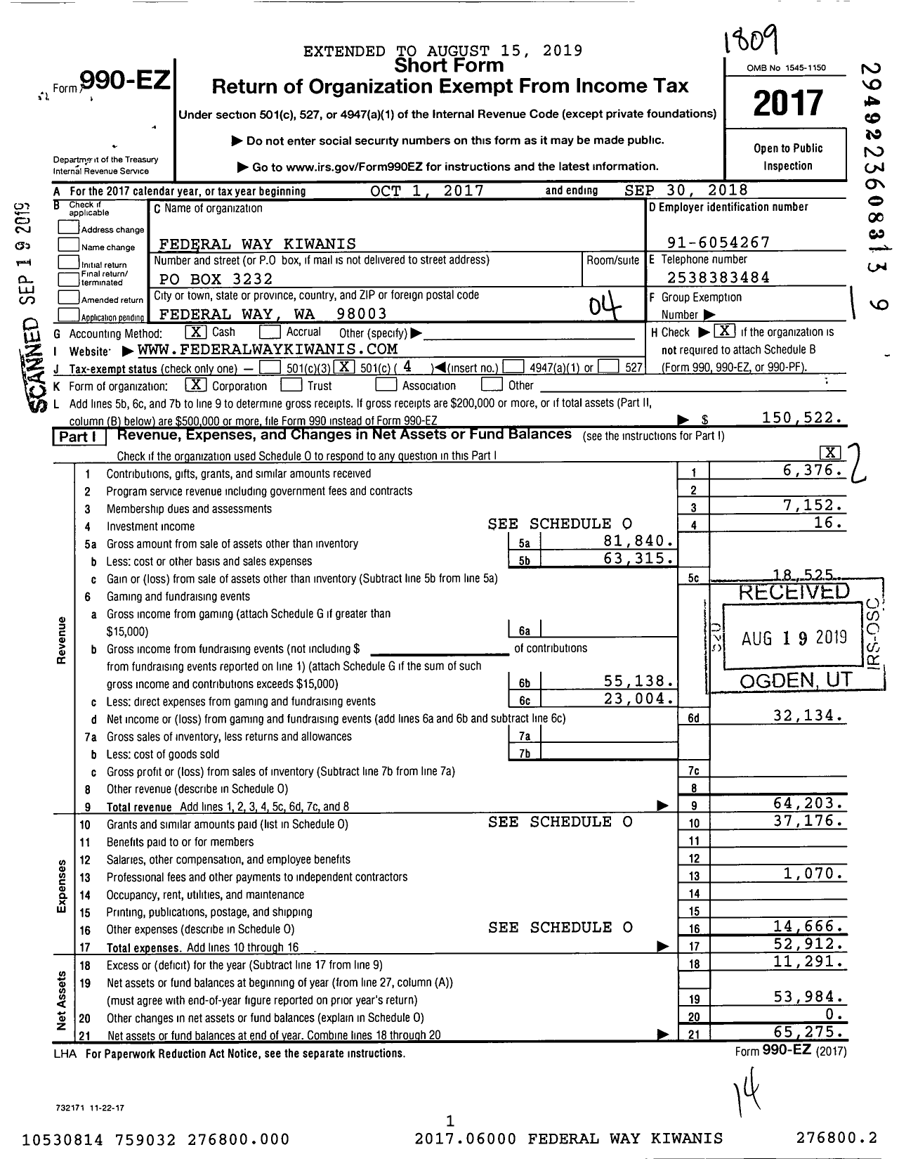 Image of first page of 2017 Form 990EO for Kiwanis International - K04468 Federal Way