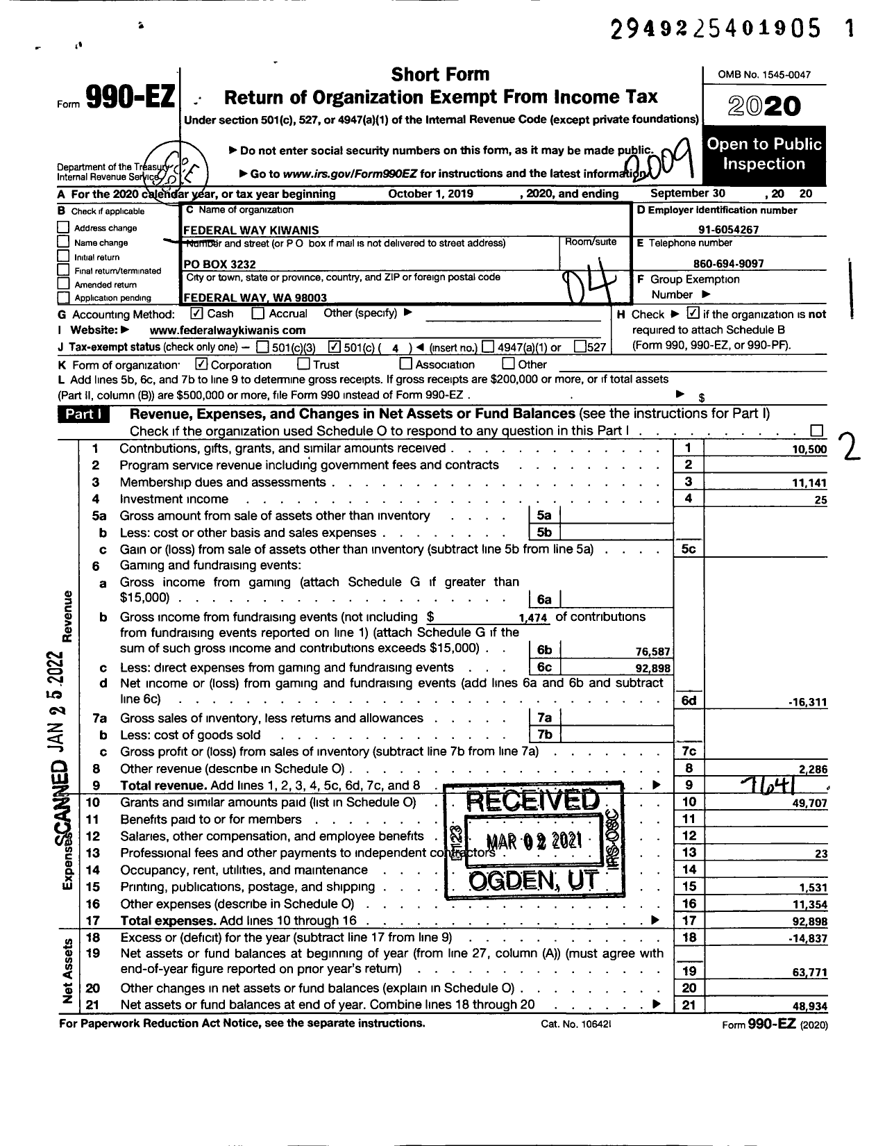 Image of first page of 2019 Form 990EO for Kiwanis International - K04468 Federal Way