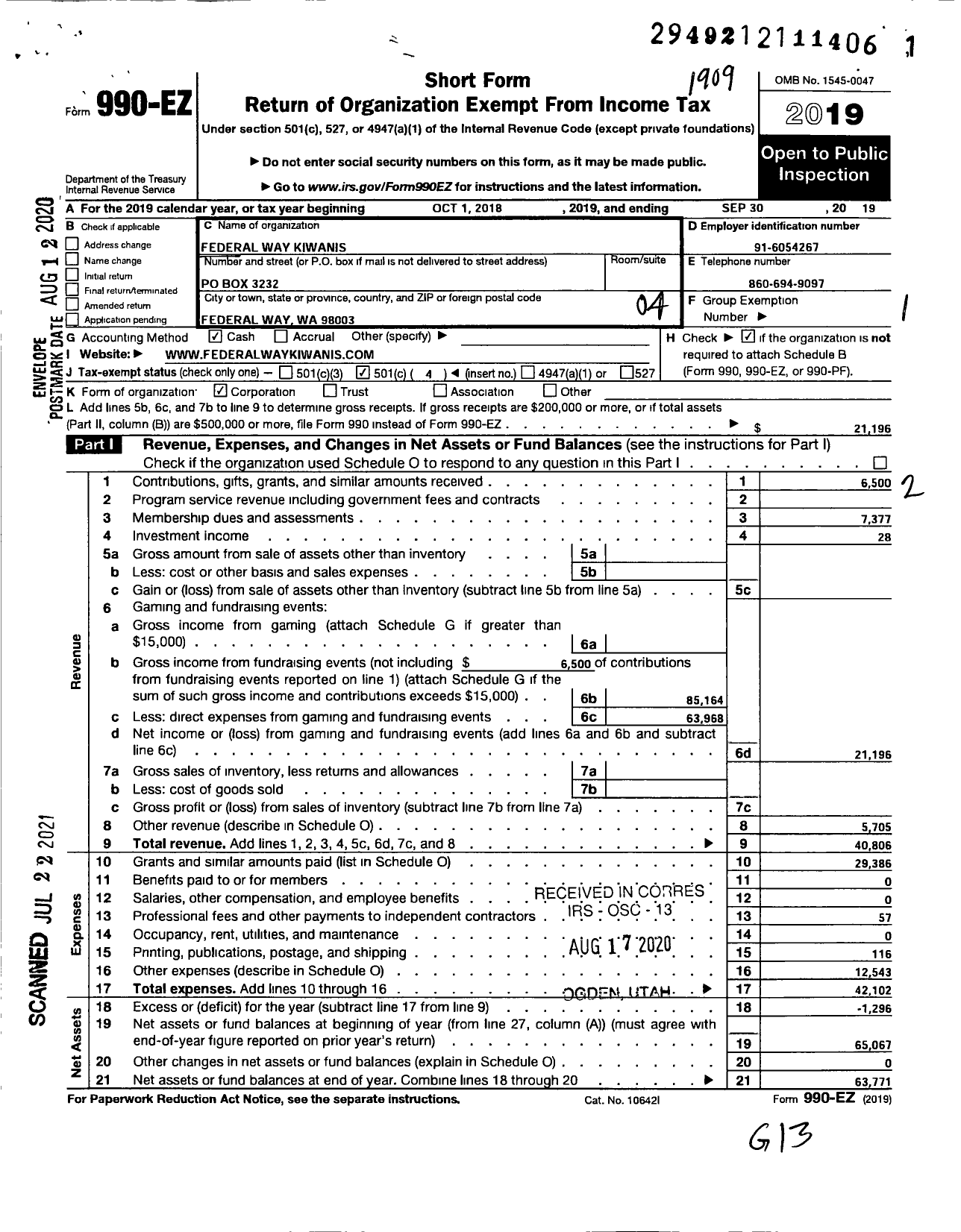 Image of first page of 2018 Form 990EO for Kiwanis International - K04468 Federal Way