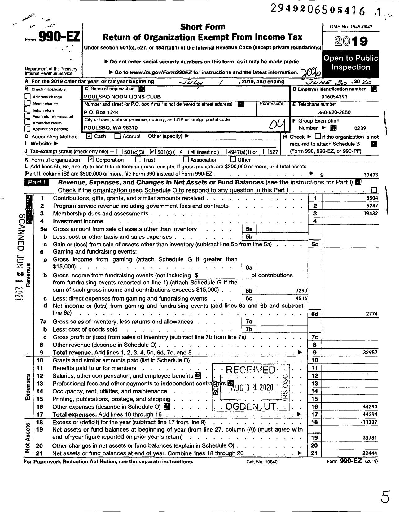 Image of first page of 2019 Form 990EO for Lions Clubs - 7700 Poulsbo