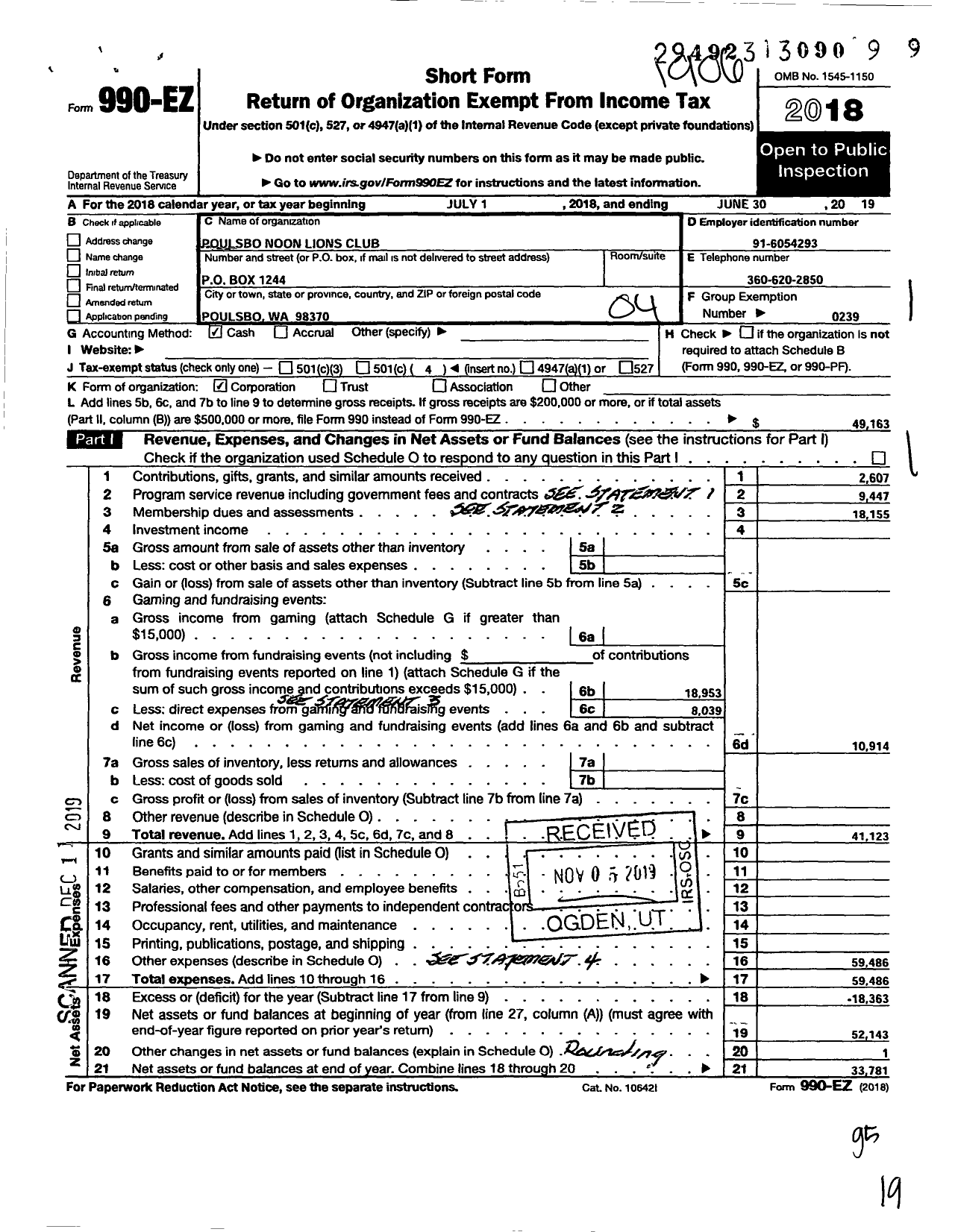 Image of first page of 2018 Form 990EO for Lions Clubs - 7700 Poulsbo