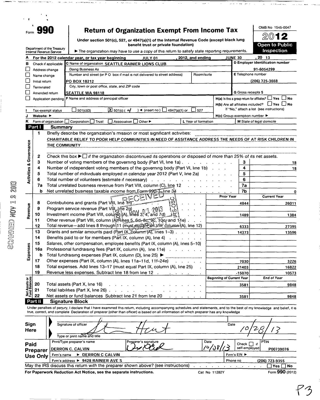 Image of first page of 2012 Form 990O for Lions Clubs - 7660 Seattle Rainier