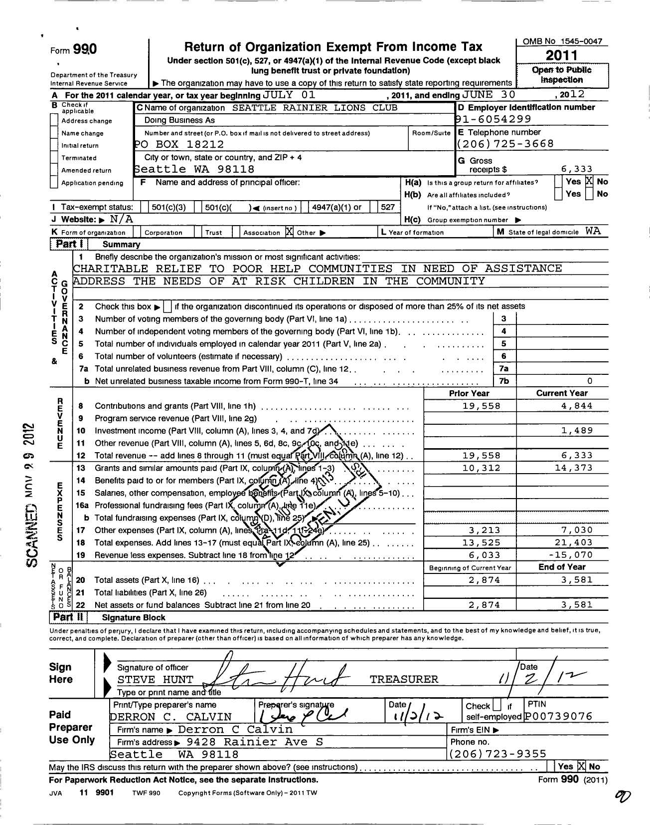 Image of first page of 2011 Form 990O for Lions Clubs - 7660 Seattle Rainier